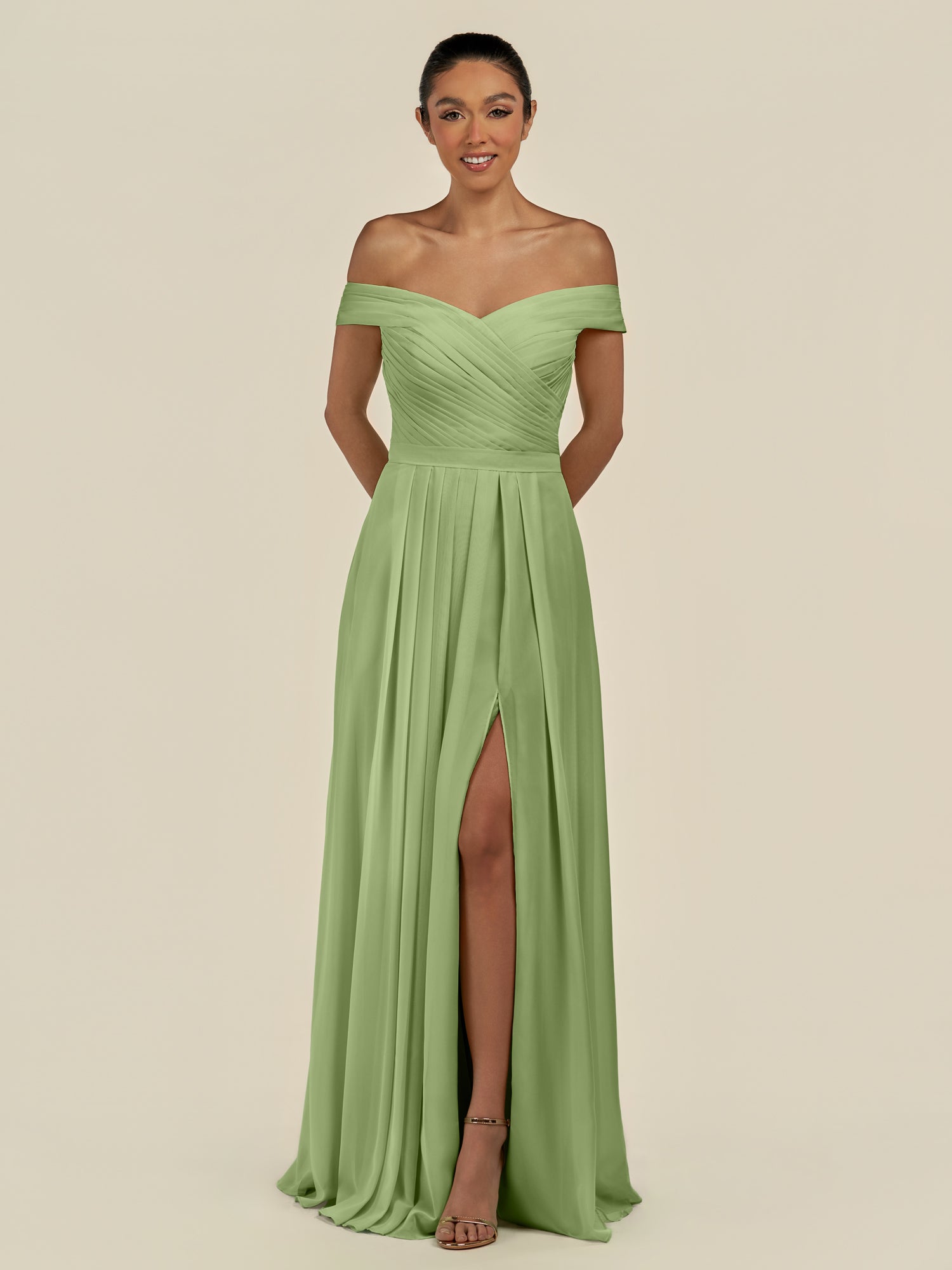 KissDress-Lurina Matcha A Line Chiffon Off the Shoulder Pleated Long Bridesmaid Dress with Slit