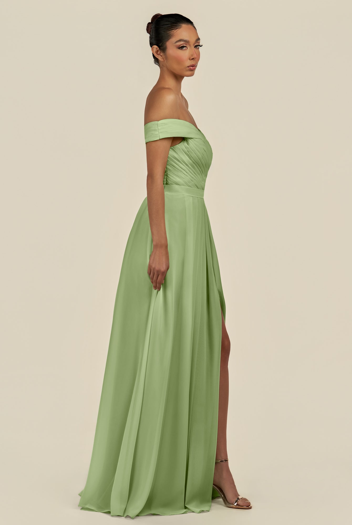 KissDress-Lurina Matcha A Line Chiffon Off the Shoulder Pleated Long Bridesmaid Dress with Slit