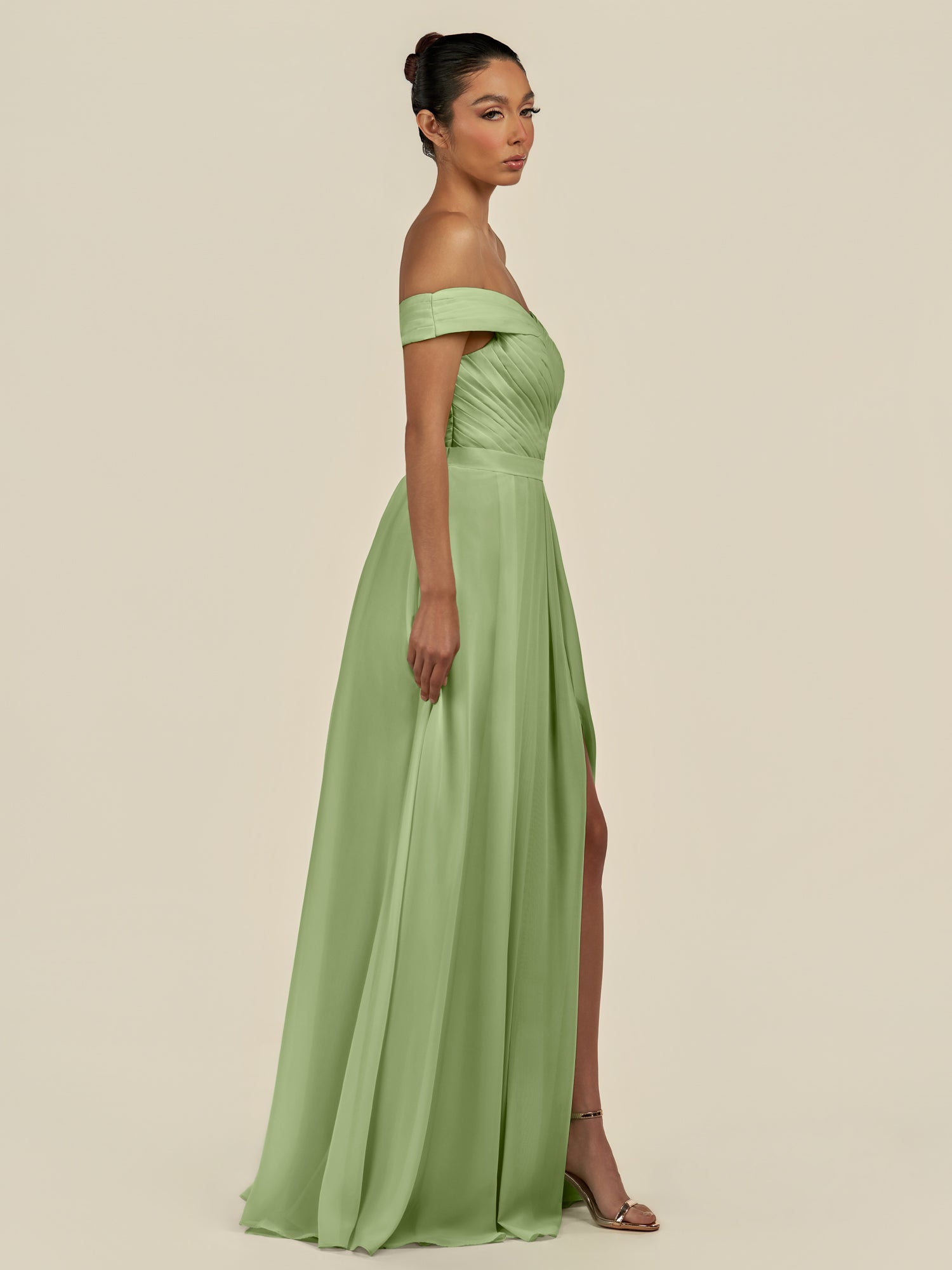 KissDress-Lurina Matcha A Line Chiffon Off the Shoulder Pleated Long Bridesmaid Dress with Slit