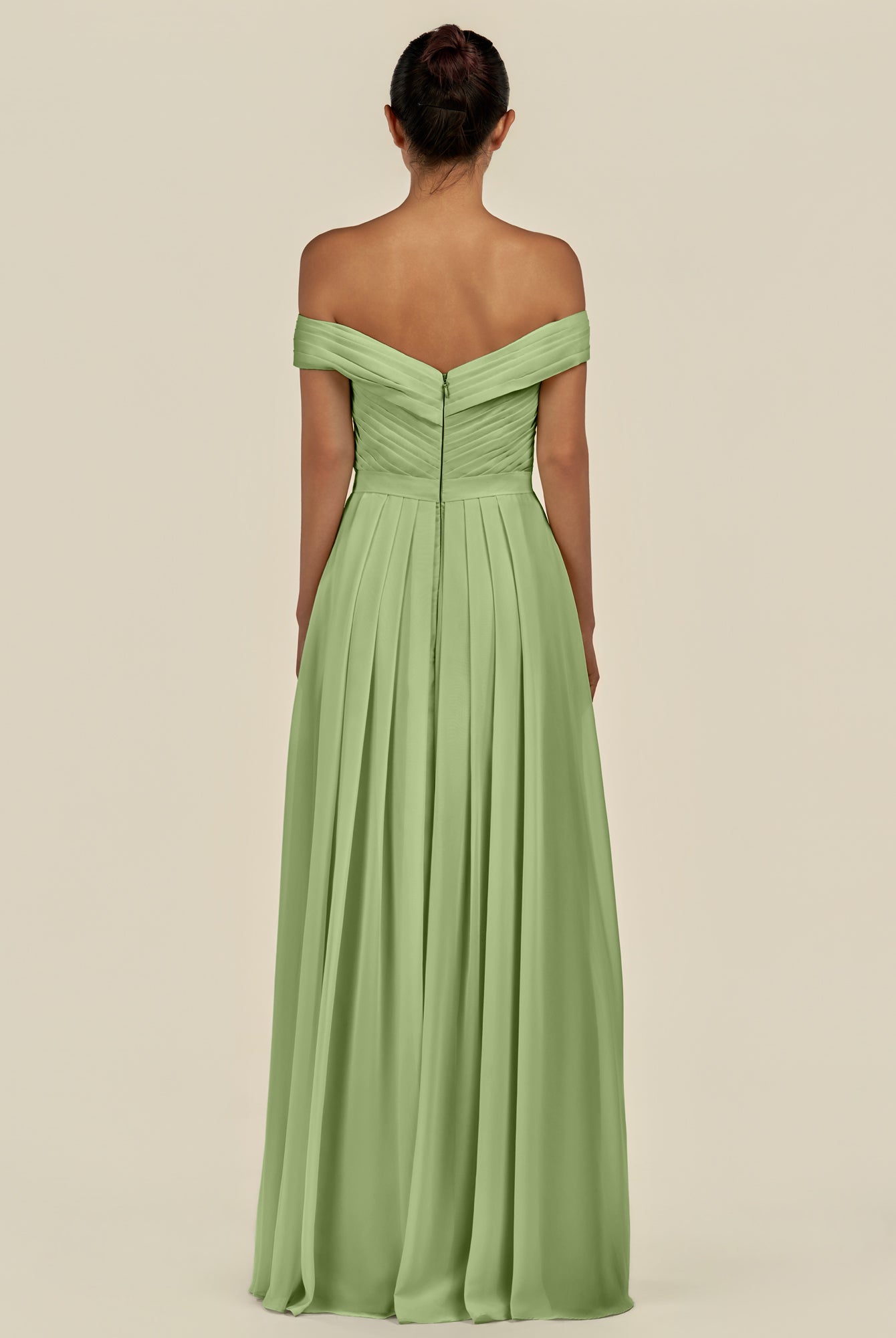 KissDress-Lurina Matcha A Line Chiffon Off the Shoulder Pleated Long Bridesmaid Dress with Slit