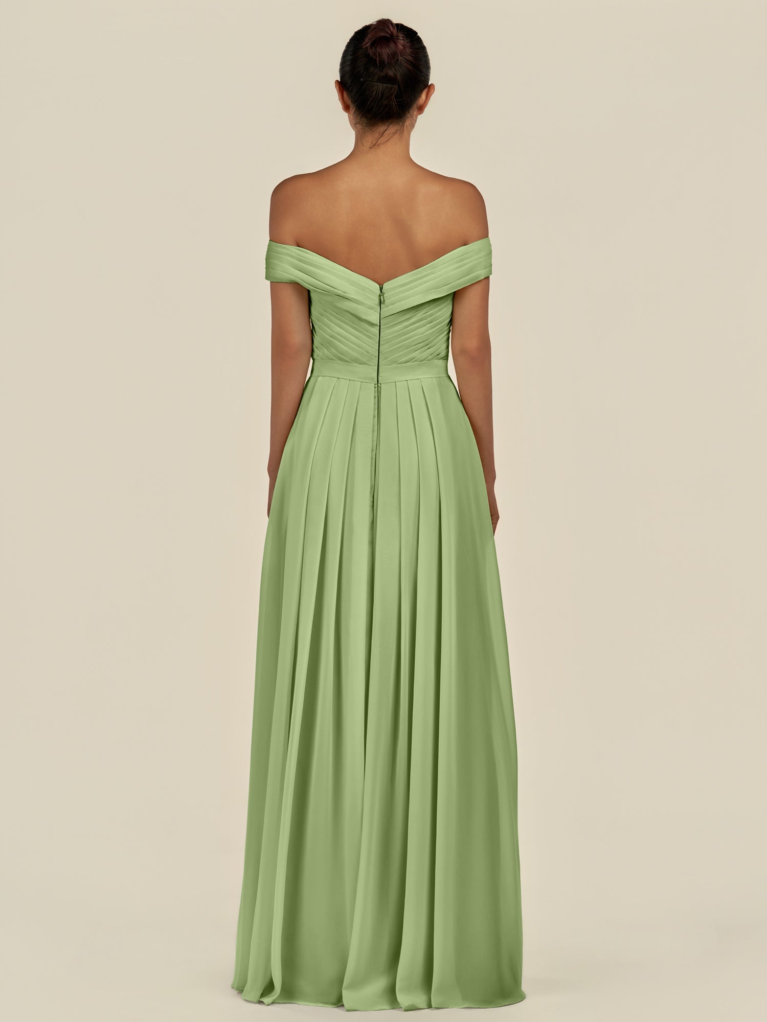 KissDress-Lurina Matcha A Line Chiffon Off the Shoulder Pleated Long Bridesmaid Dress with Slit