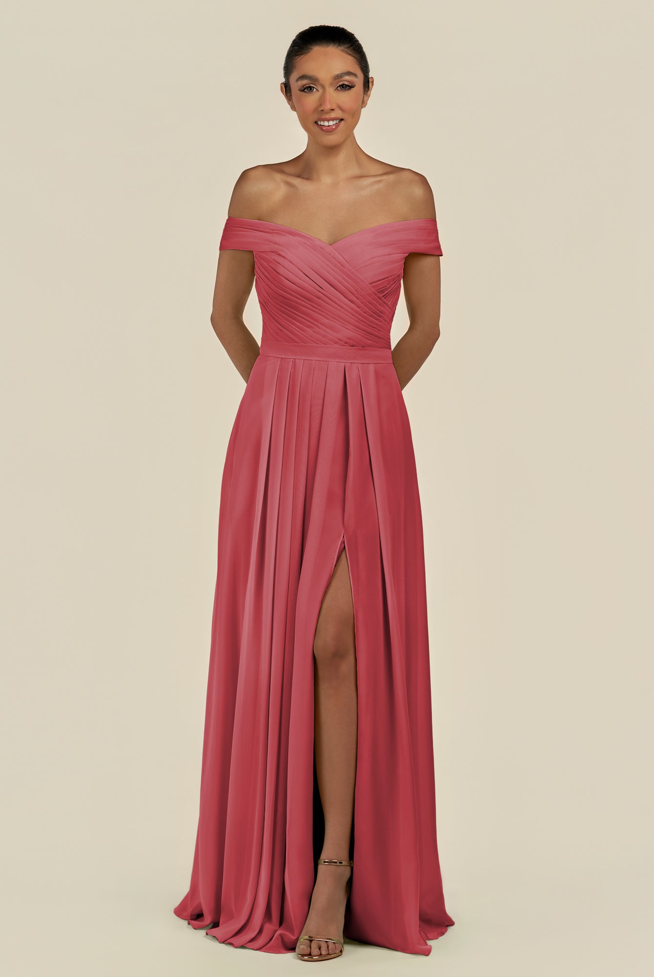 KissDress-Lurina Merlot A Line Chiffon Off the Shoulder Pleated Long Bridesmaid Dress with Slit