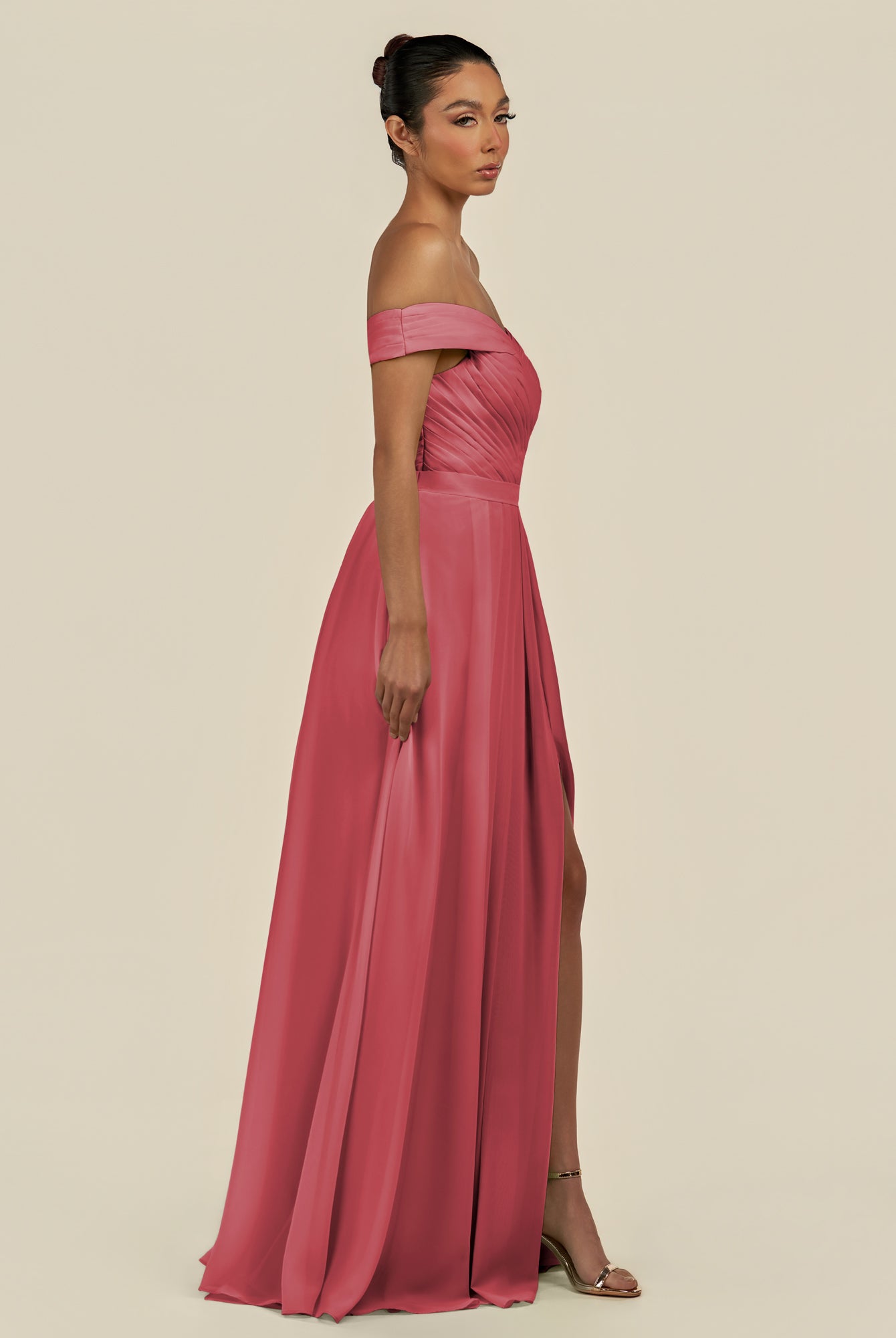 KissDress-Lurina Merlot A Line Chiffon Off the Shoulder Pleated Long Bridesmaid Dress with Slit