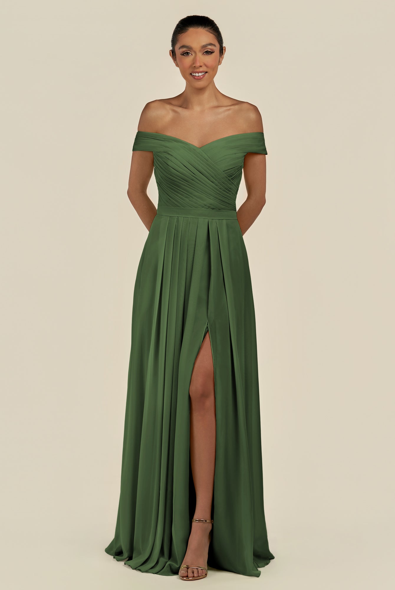 KissDress-Lurina Moss A Line Chiffon Off the Shoulder Pleated Long Bridesmaid Dress with Slit
