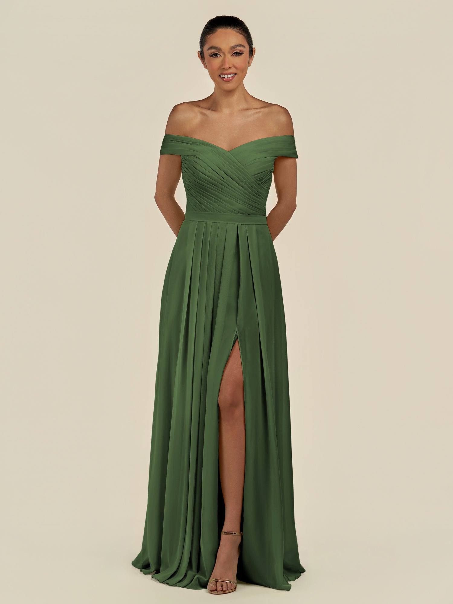 KissDress-Lurina Moss A Line Chiffon Off the Shoulder Pleated Long Bridesmaid Dress with Slit