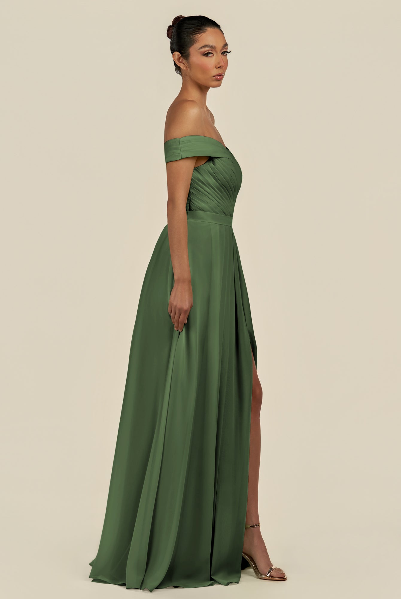 KissDress-Lurina Moss A Line Chiffon Off the Shoulder Pleated Long Bridesmaid Dress with Slit