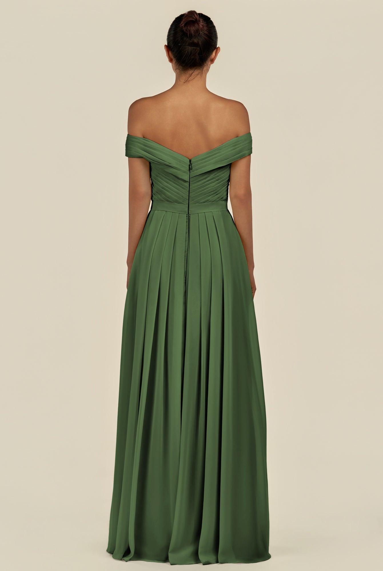 KissDress-Lurina Moss A Line Chiffon Off the Shoulder Pleated Long Bridesmaid Dress with Slit