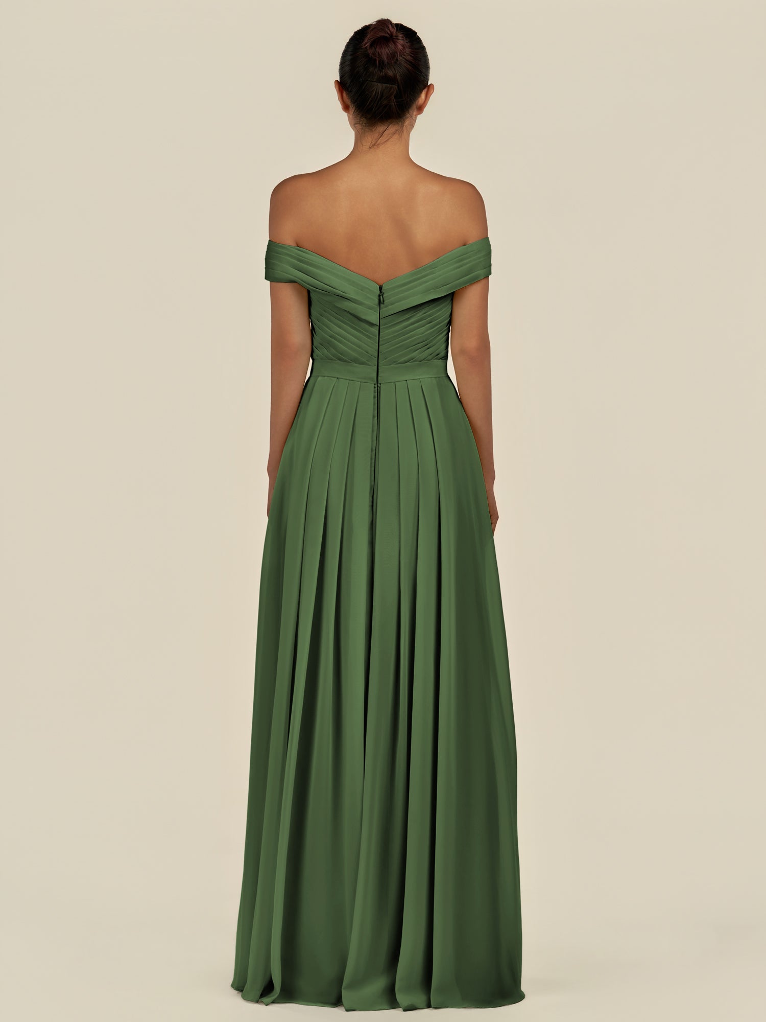 KissDress-Lurina Moss A Line Chiffon Off the Shoulder Pleated Long Bridesmaid Dress with Slit