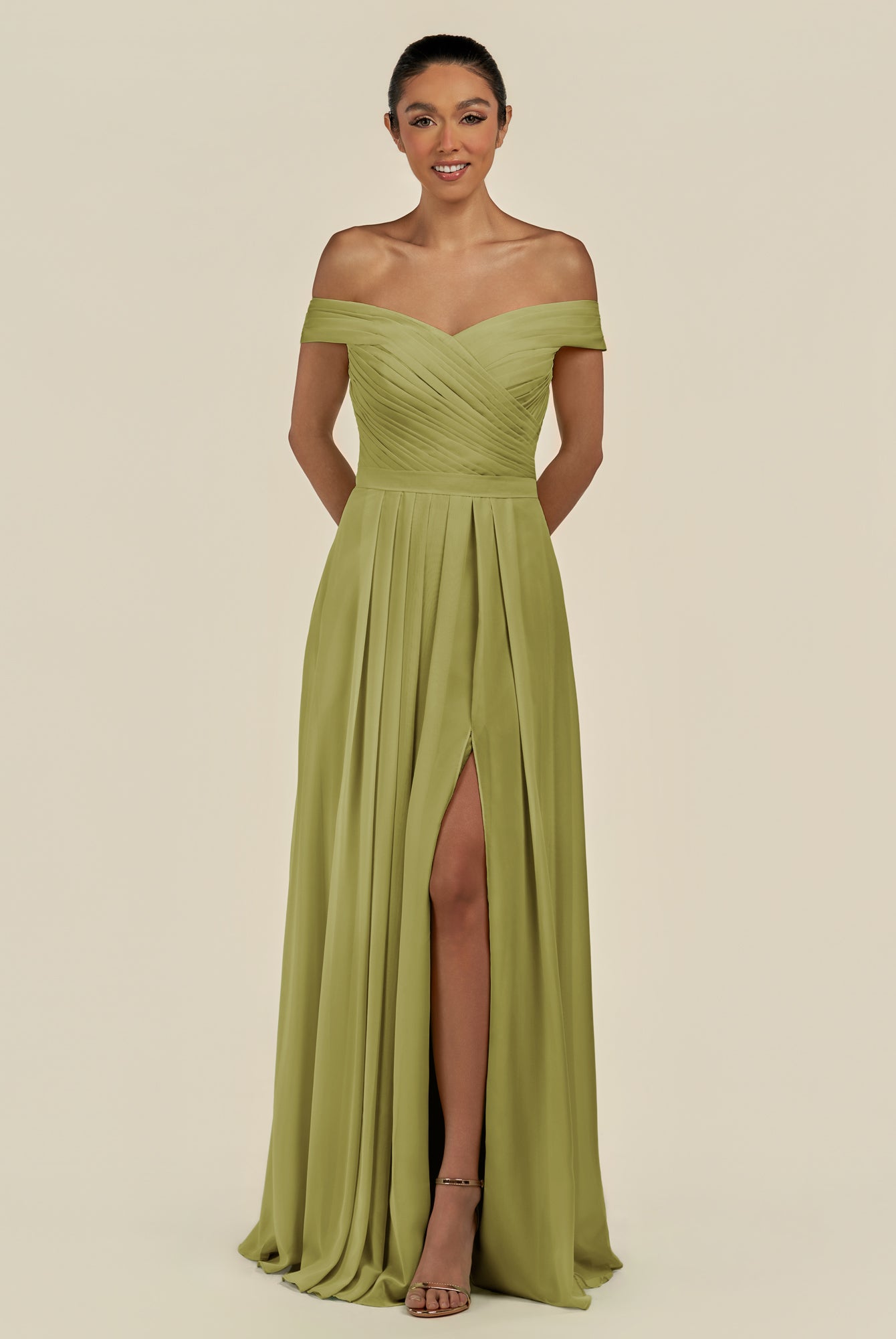 KissDress-Lurina Moss Green A Line Chiffon Off the Shoulder Pleated Long Bridesmaid Dress with Slit