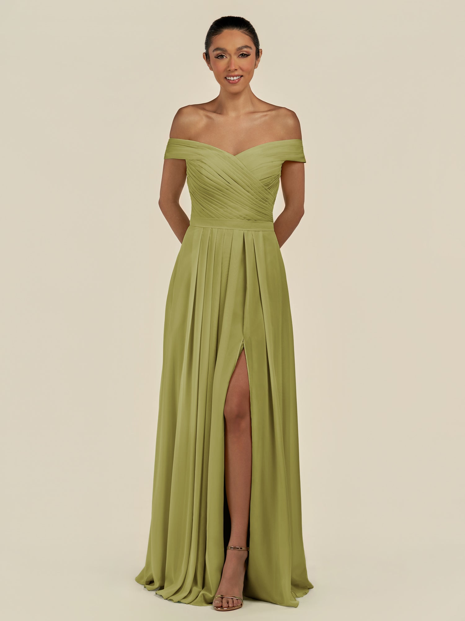 KissDress-Lurina Moss Green A Line Chiffon Off the Shoulder Pleated Long Bridesmaid Dress with Slit