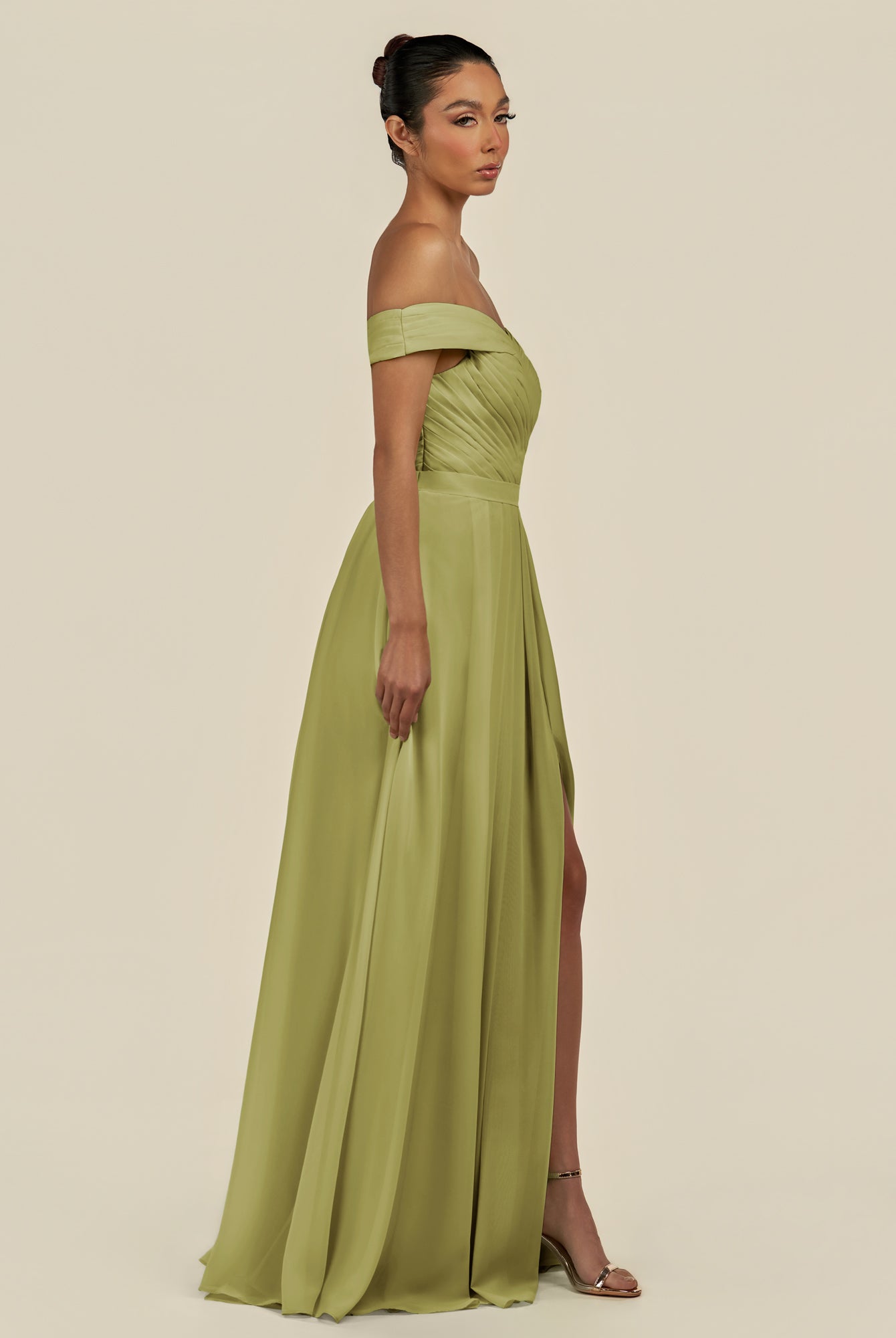 KissDress-Lurina Moss Green A Line Chiffon Off the Shoulder Pleated Long Bridesmaid Dress with Slit