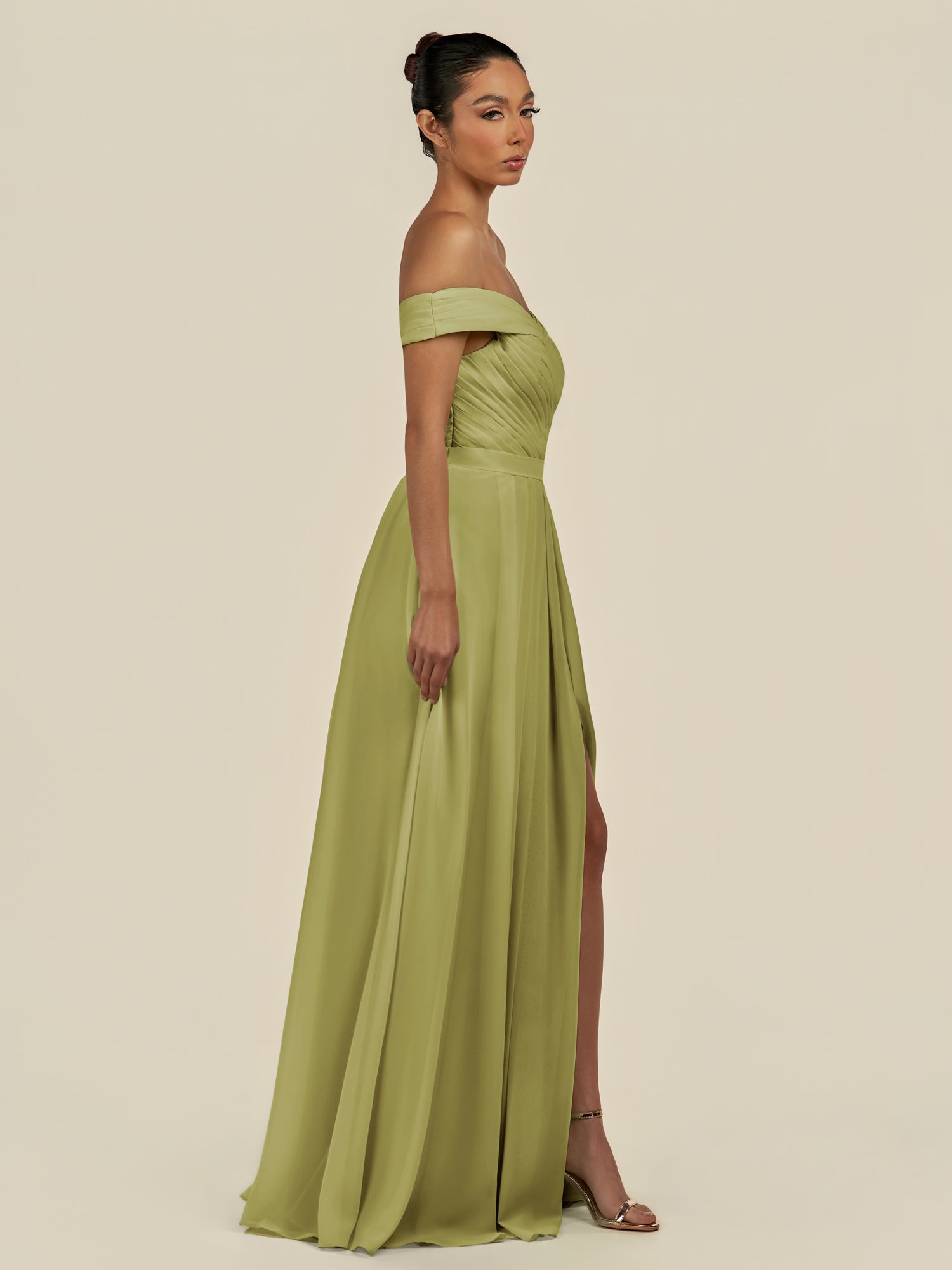 KissDress-Lurina Moss Green A Line Chiffon Off the Shoulder Pleated Long Bridesmaid Dress with Slit