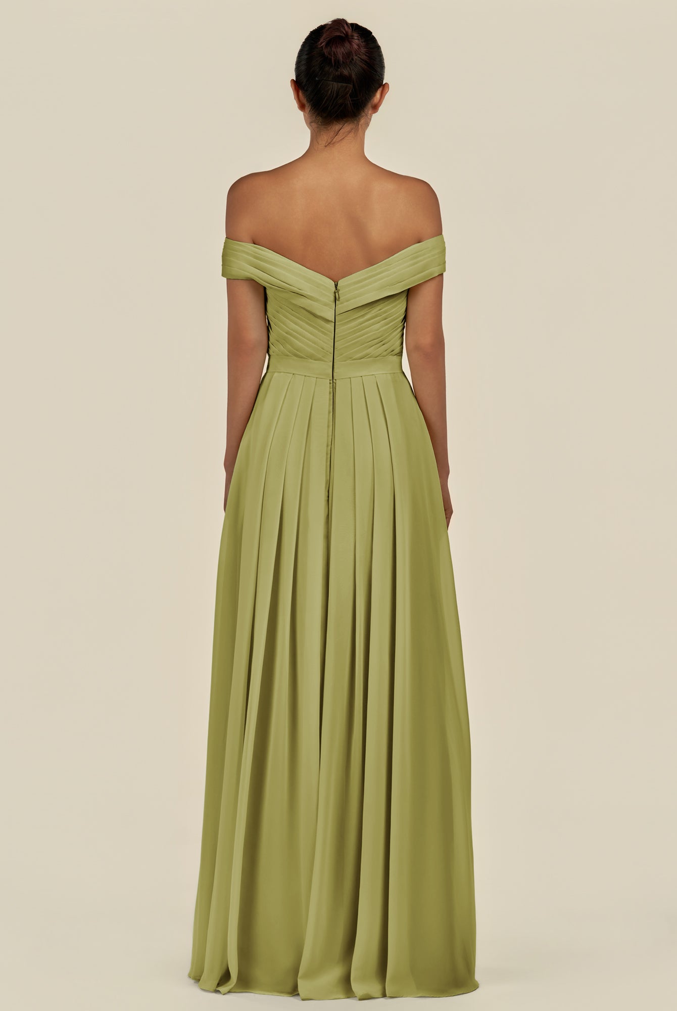 KissDress-Lurina Moss Green A Line Chiffon Off the Shoulder Pleated Long Bridesmaid Dress with Slit