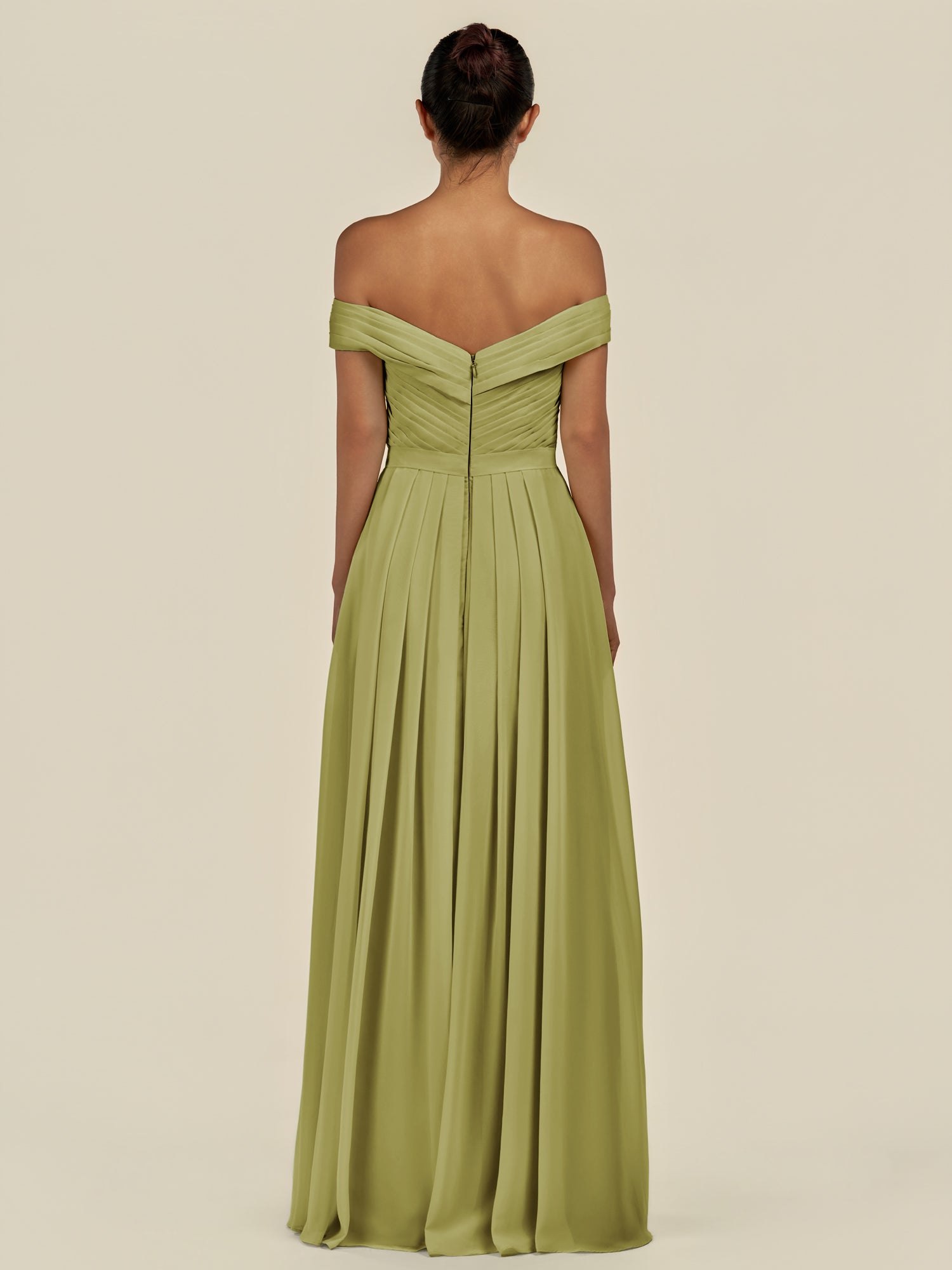 KissDress-Lurina Moss Green A Line Chiffon Off the Shoulder Pleated Long Bridesmaid Dress with Slit