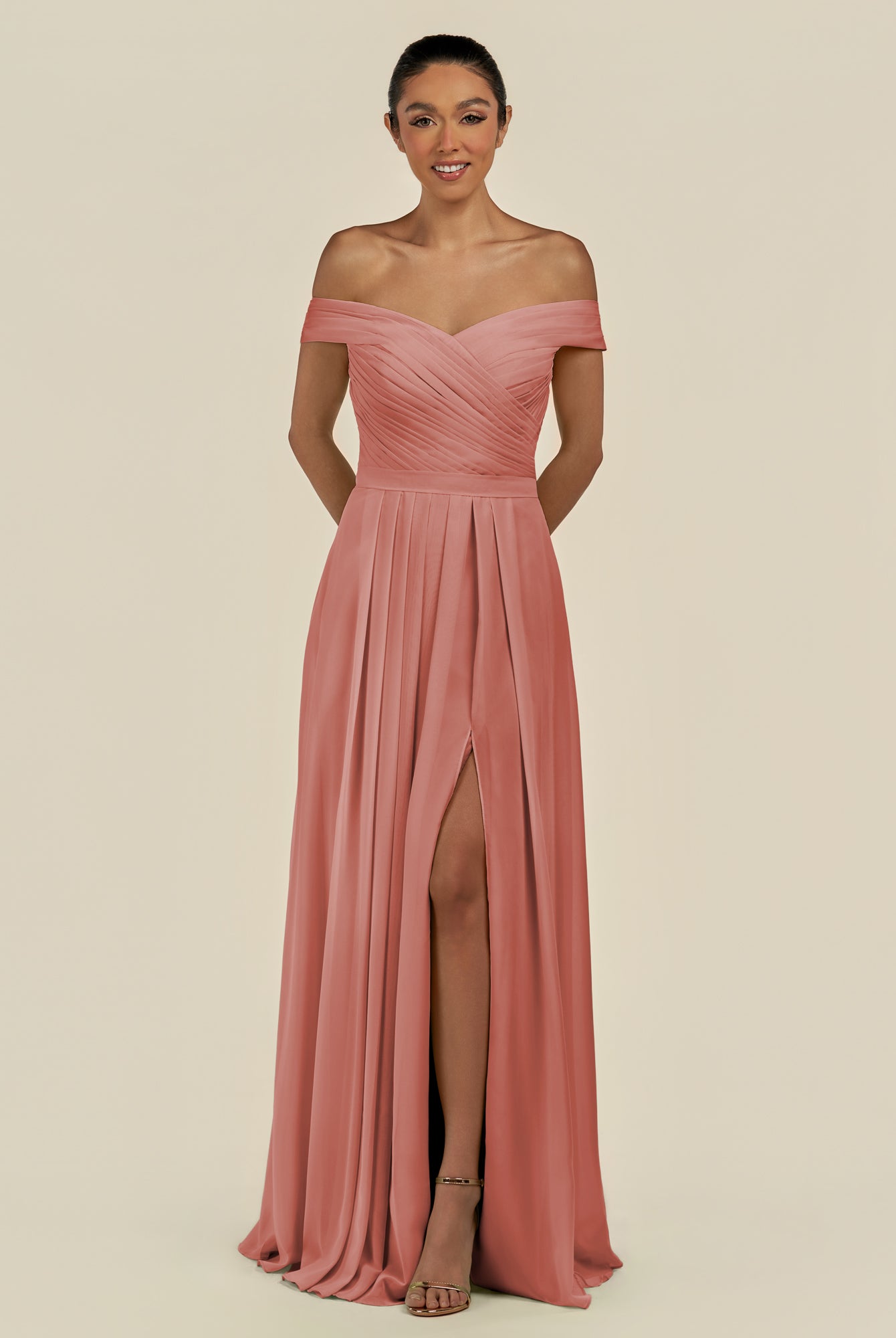 KissDress-Lurina Mulberry A Line Chiffon Off the Shoulder Pleated Long Bridesmaid Dress with Slit