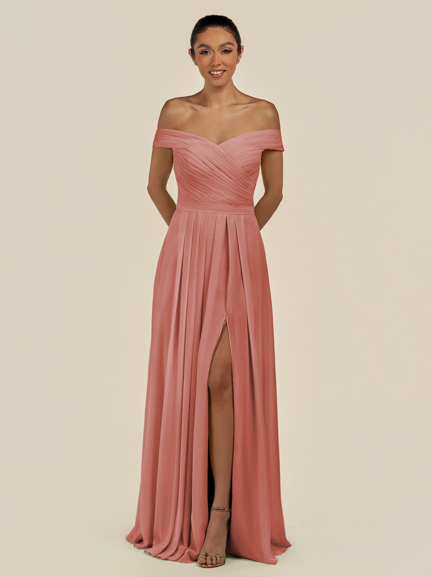 KissDress-Lurina Mulberry A Line Chiffon Off the Shoulder Pleated Long Bridesmaid Dress with Slit