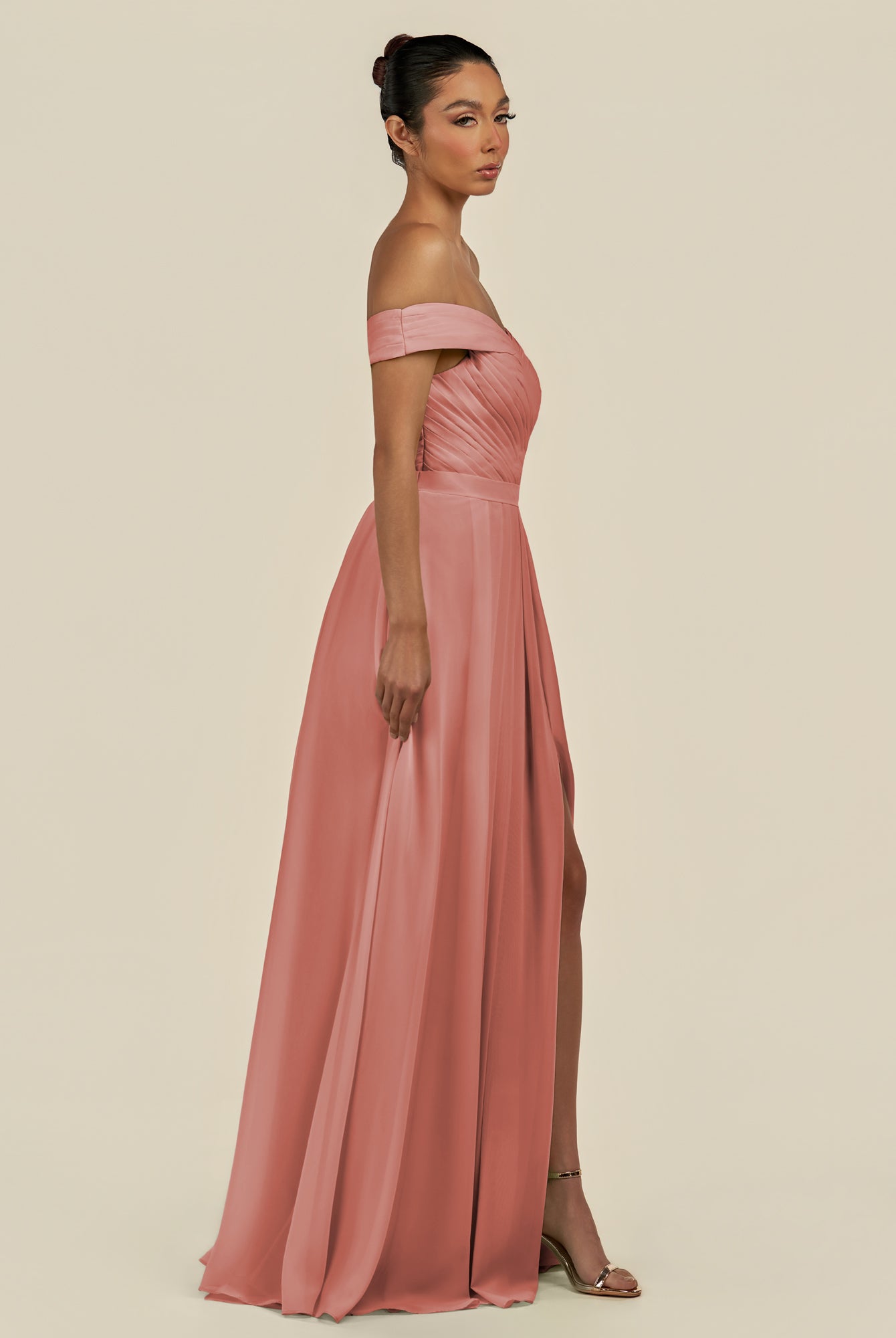 KissDress-Lurina Mulberry A Line Chiffon Off the Shoulder Pleated Long Bridesmaid Dress with Slit