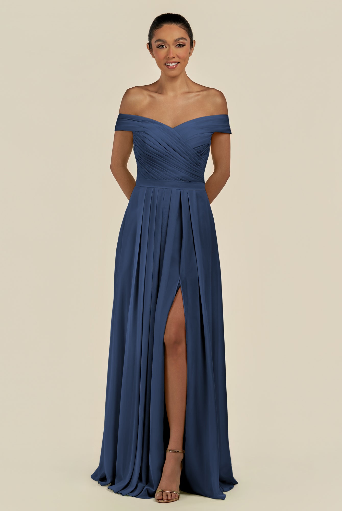 KissDress-Lurina Navy A Line Chiffon Off the Shoulder Pleated Long Bridesmaid Dress with Slit