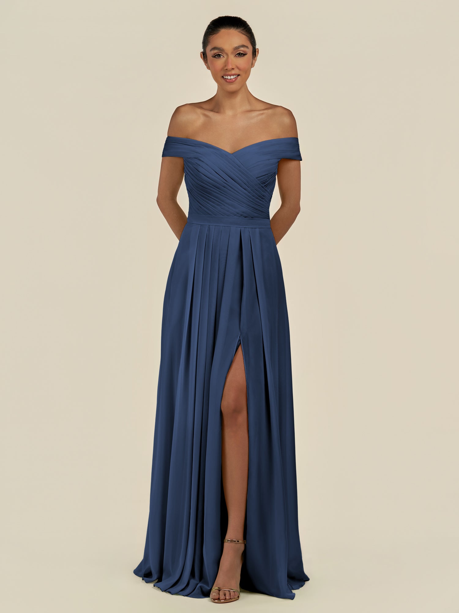 KissDress-Lurina Navy A Line Chiffon Off the Shoulder Pleated Long Bridesmaid Dress with Slit