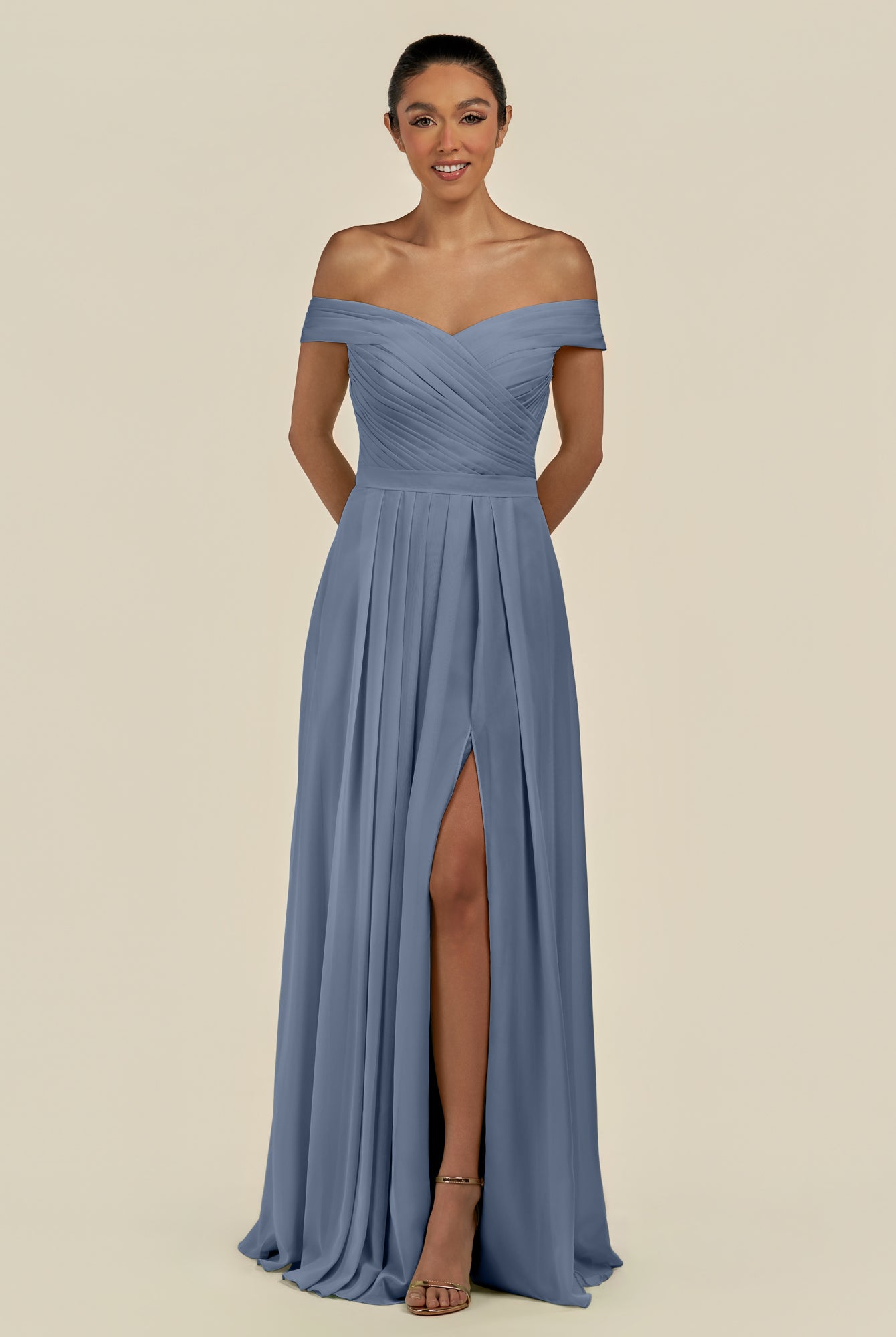 KissDress-Lurina Neptune A Line Chiffon Off the Shoulder Pleated Long Bridesmaid Dress with Slit