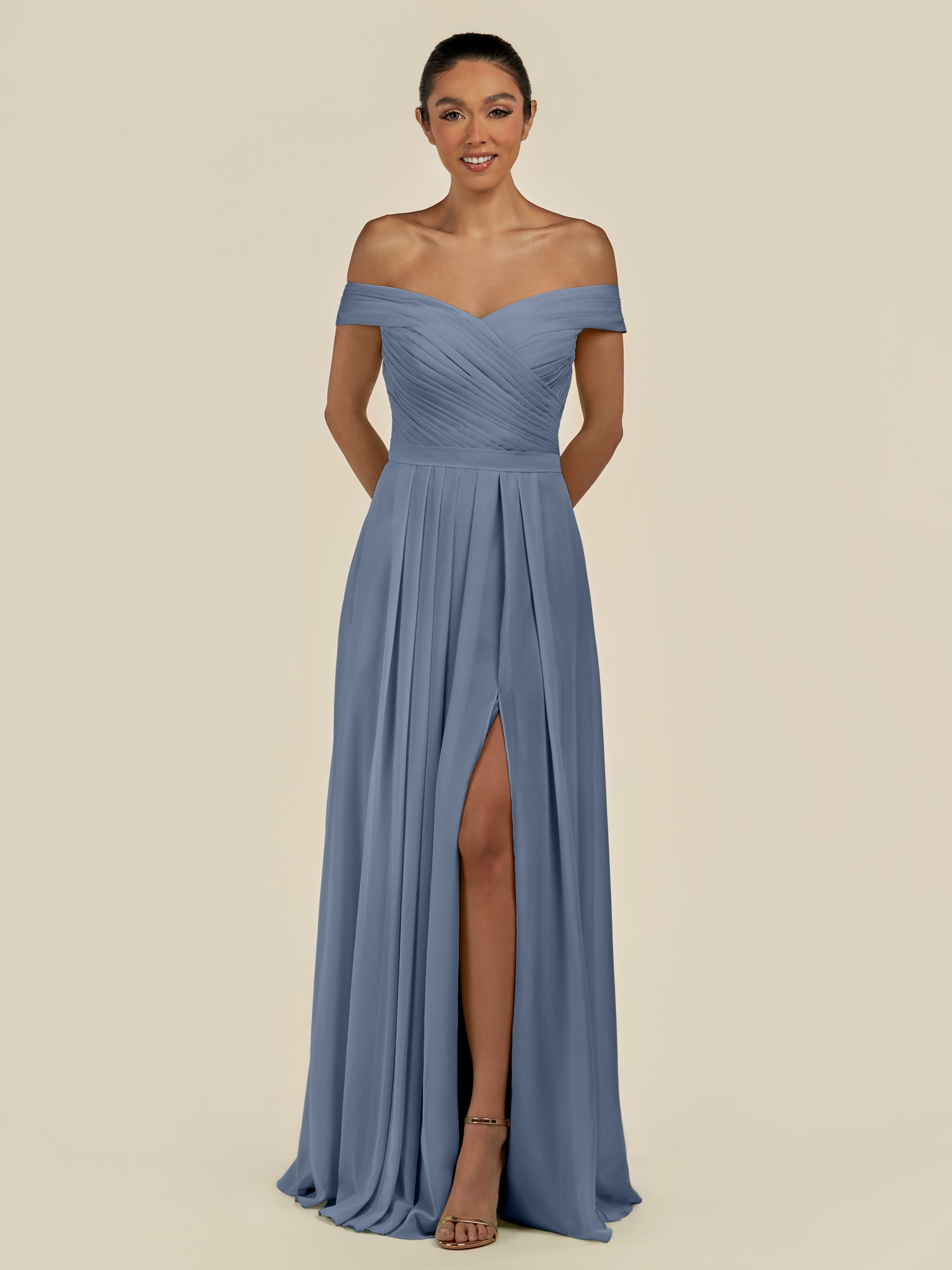 KissDress-Lurina Neptune A Line Chiffon Off the Shoulder Pleated Long Bridesmaid Dress with Slit
