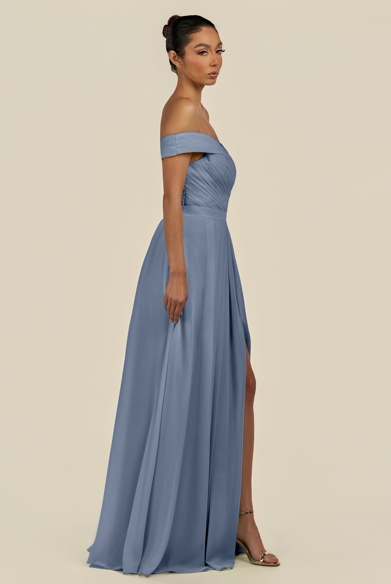 KissDress-Lurina Neptune A Line Chiffon Off the Shoulder Pleated Long Bridesmaid Dress with Slit