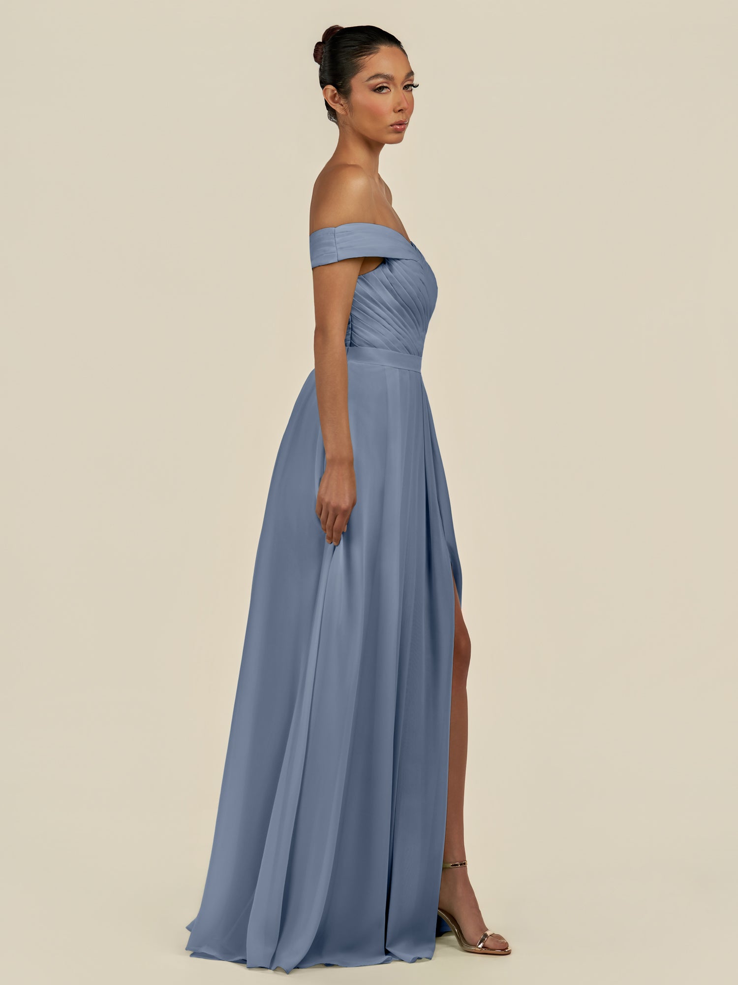 KissDress-Lurina Neptune A Line Chiffon Off the Shoulder Pleated Long Bridesmaid Dress with Slit