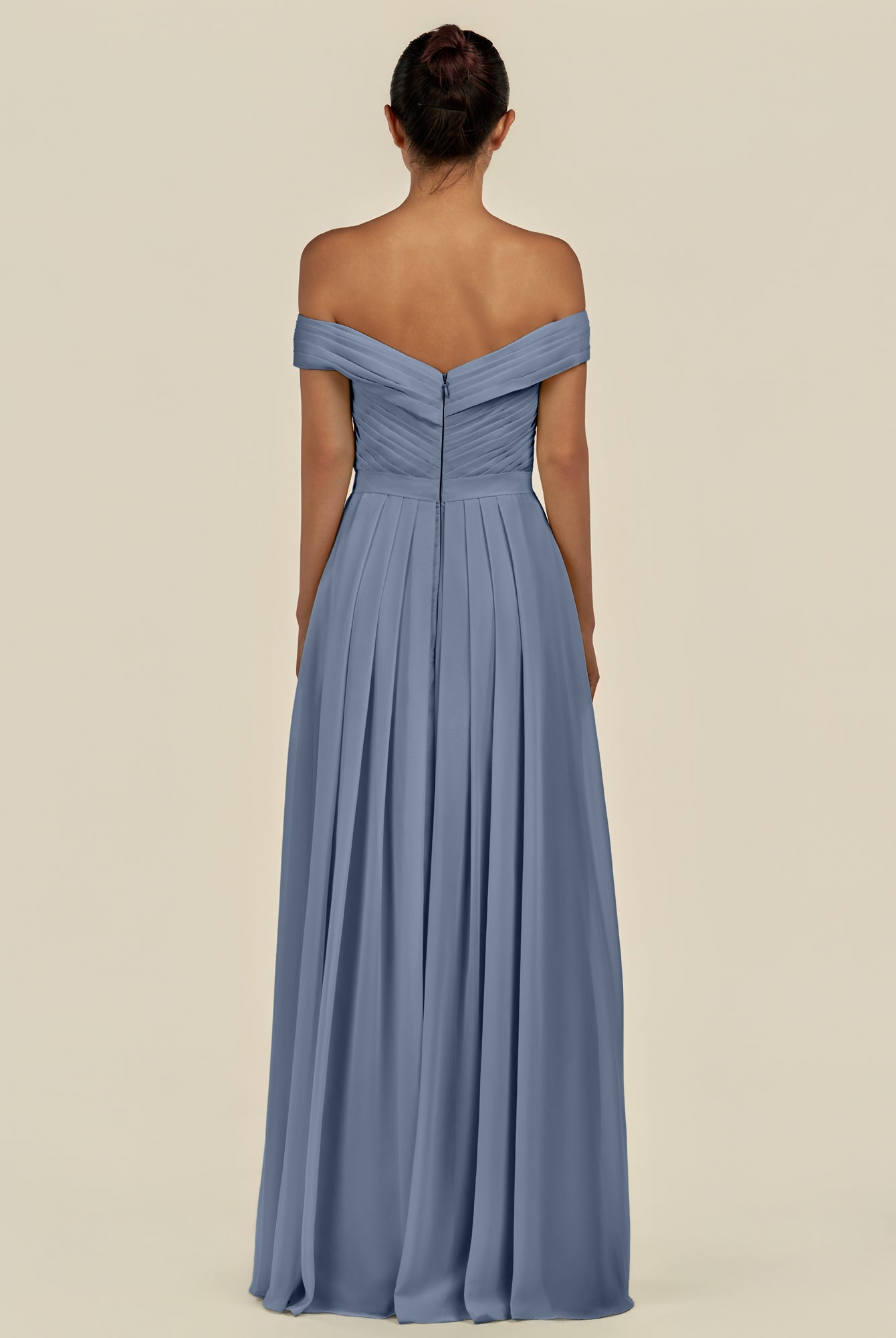 KissDress-Lurina Neptune A Line Chiffon Off the Shoulder Pleated Long Bridesmaid Dress with Slit