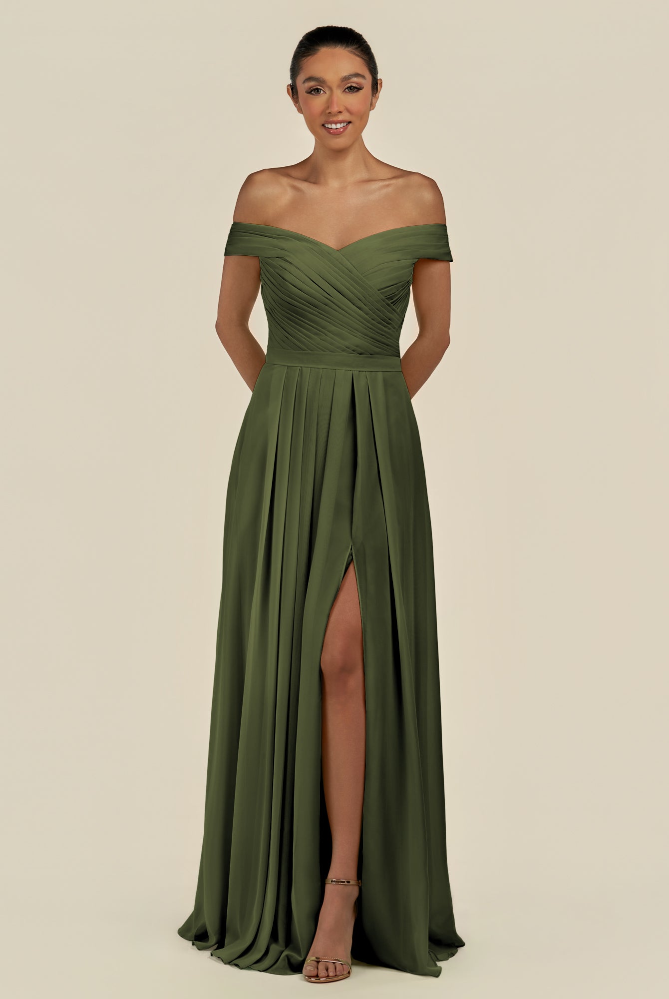 KissDress-Lurina Olive A Line Chiffon Off the Shoulder Pleated Long Bridesmaid Dress with Slit