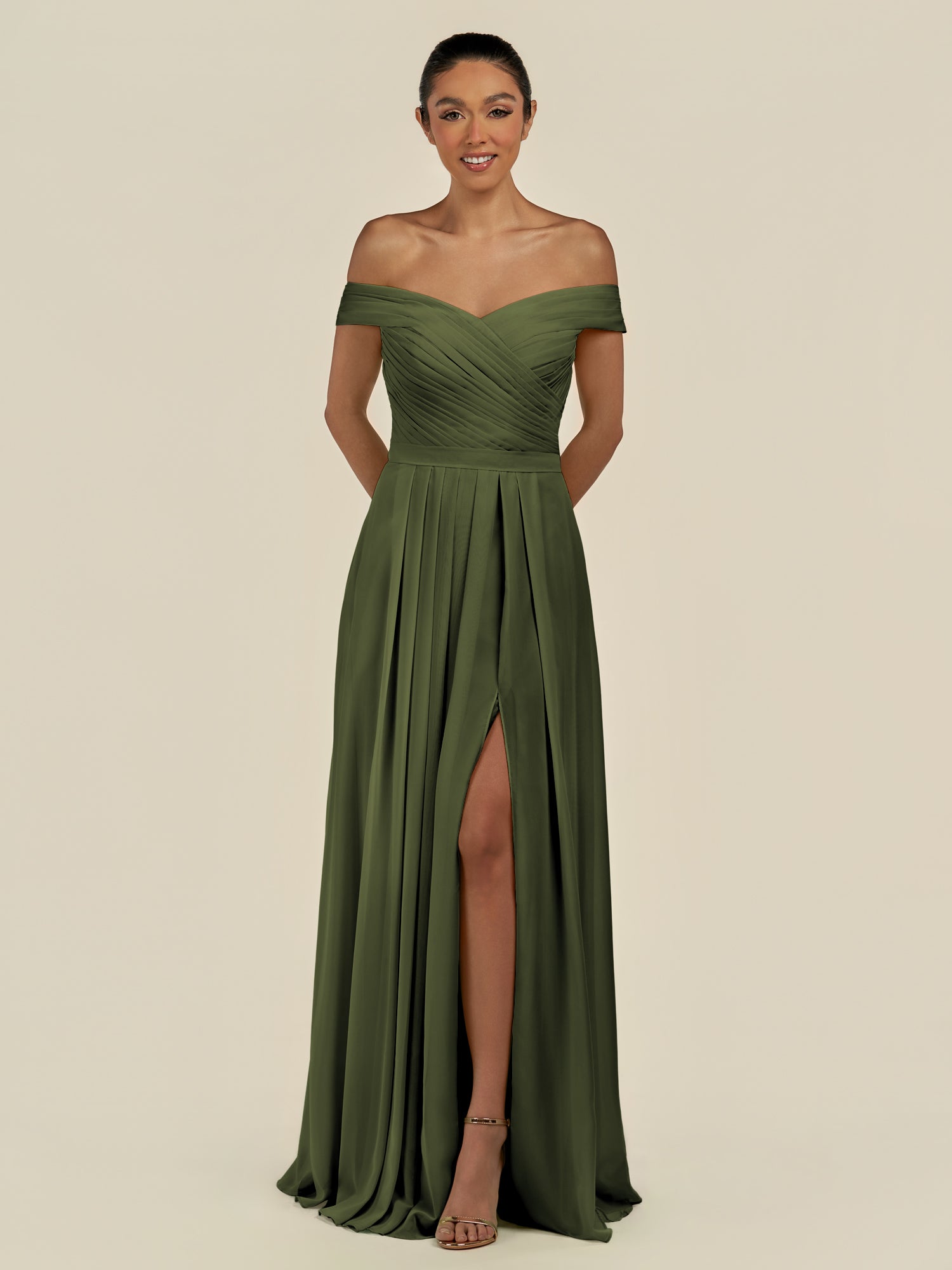 KissDress-Lurina Olive A Line Chiffon Off the Shoulder Pleated Long Bridesmaid Dress with Slit