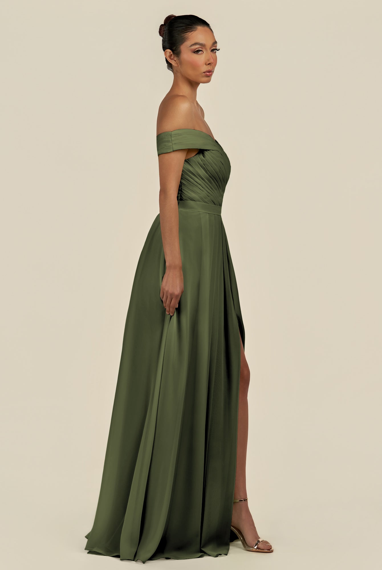 KissDress-Lurina Olive A Line Chiffon Off the Shoulder Pleated Long Bridesmaid Dress with Slit