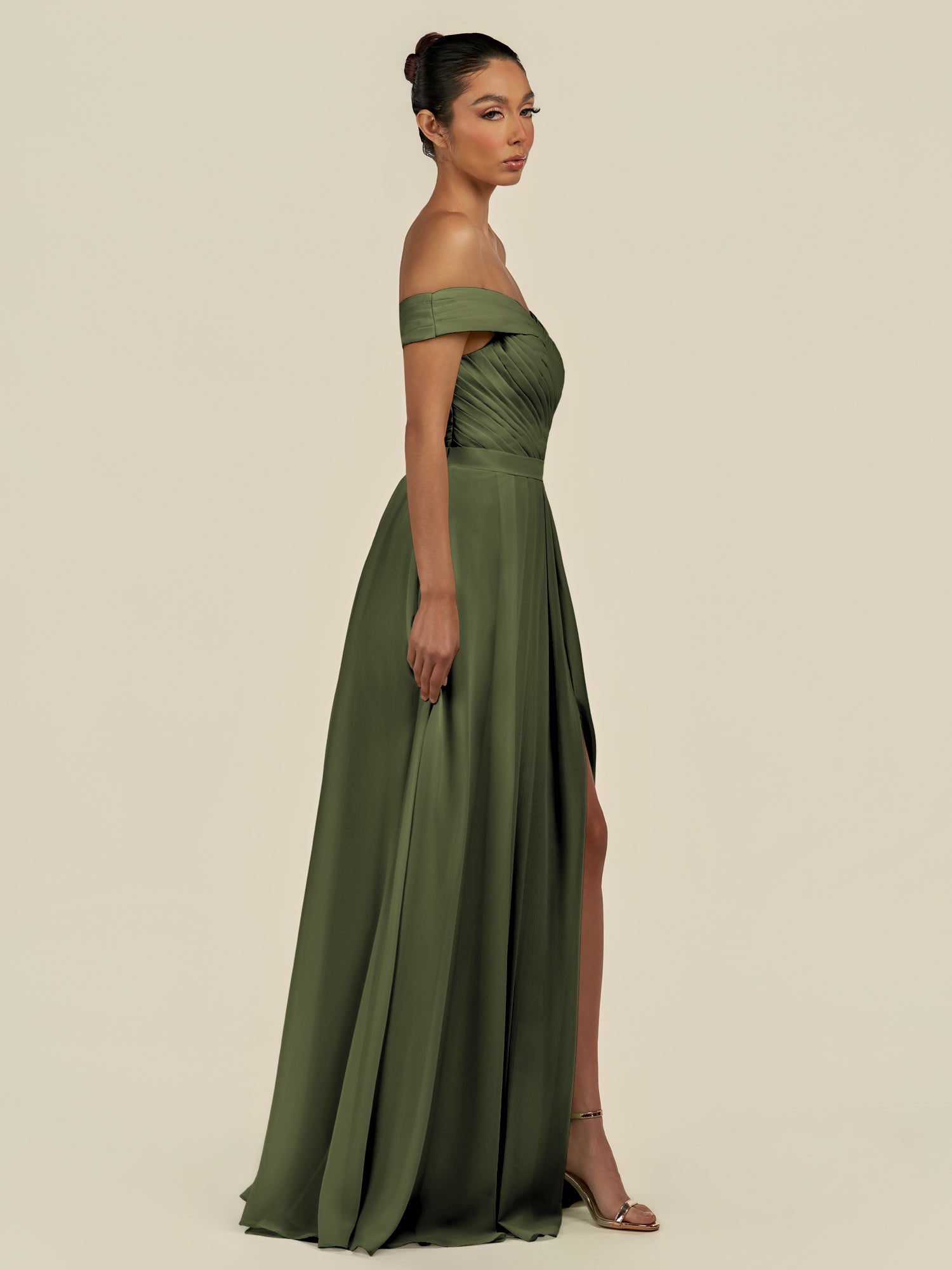 KissDress-Lurina Olive A Line Chiffon Off the Shoulder Pleated Long Bridesmaid Dress with Slit