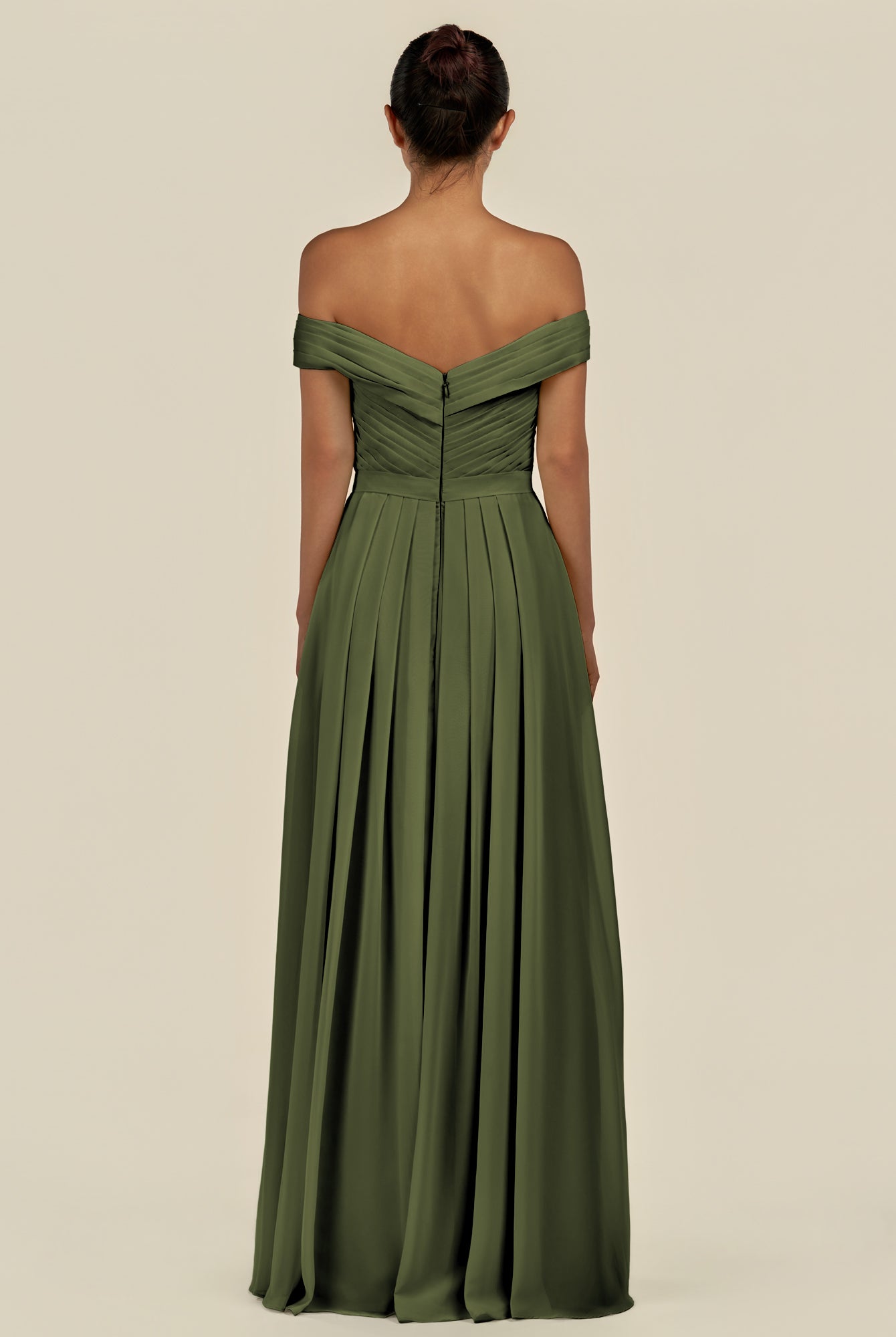 KissDress-Lurina Olive A Line Chiffon Off the Shoulder Pleated Long Bridesmaid Dress with Slit