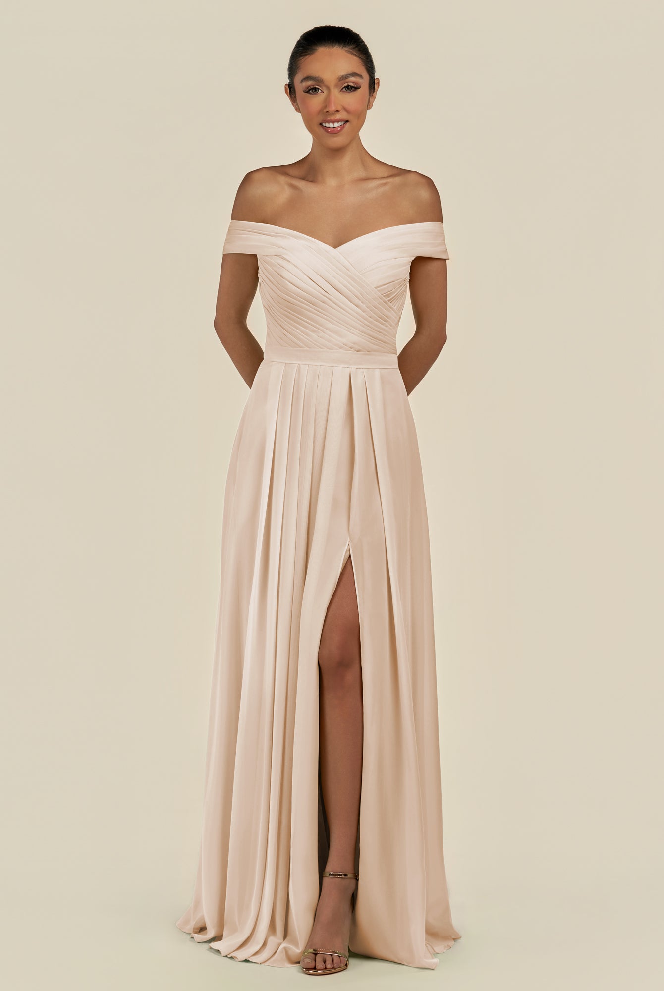 KissDress-Lurina Pale Blush A Line Chiffon Off the Shoulder Pleated Long Bridesmaid Dress with Slit
