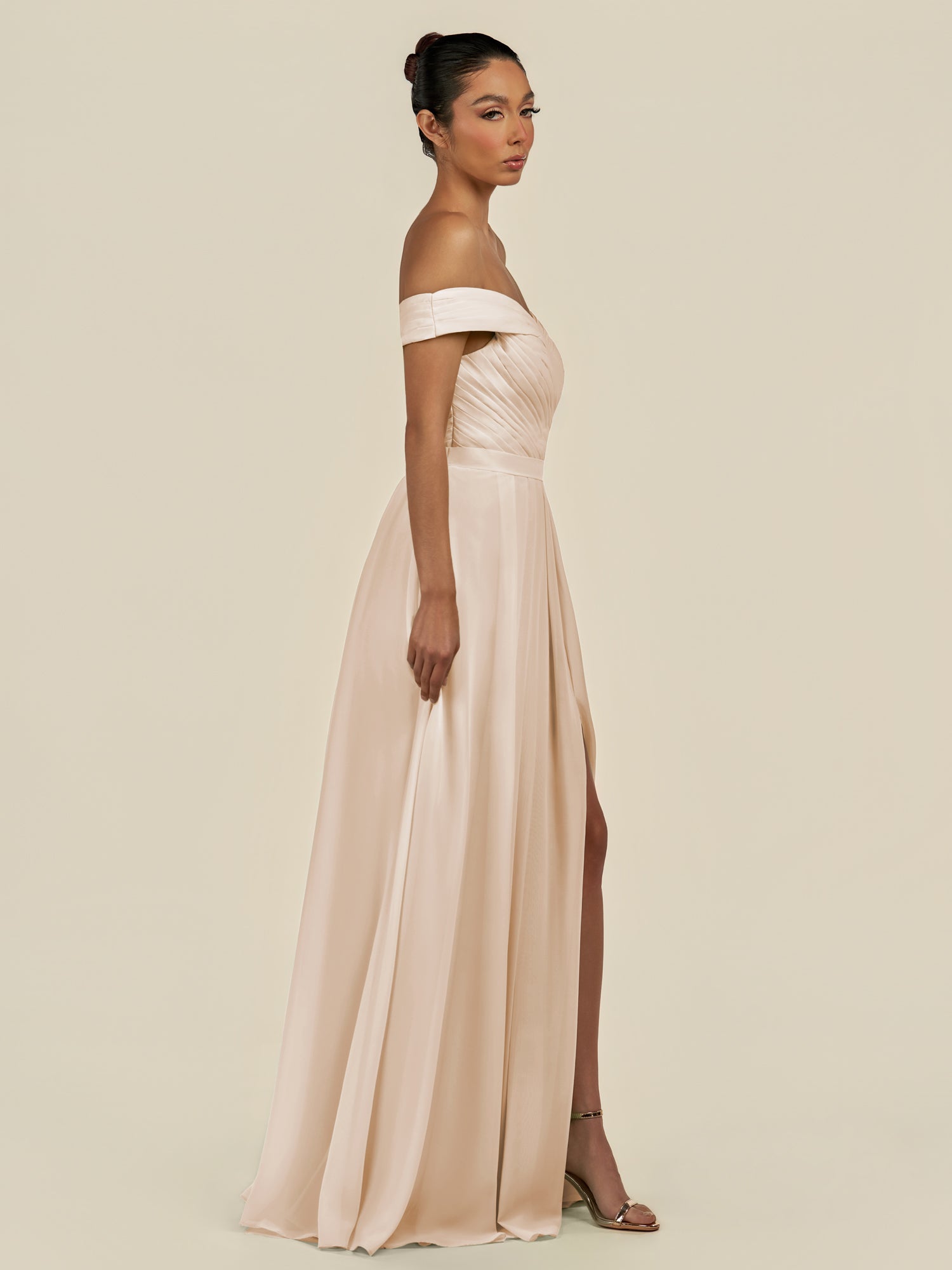 KissDress-Lurina Pale Blush A Line Chiffon Off the Shoulder Pleated Long Bridesmaid Dress with Slit