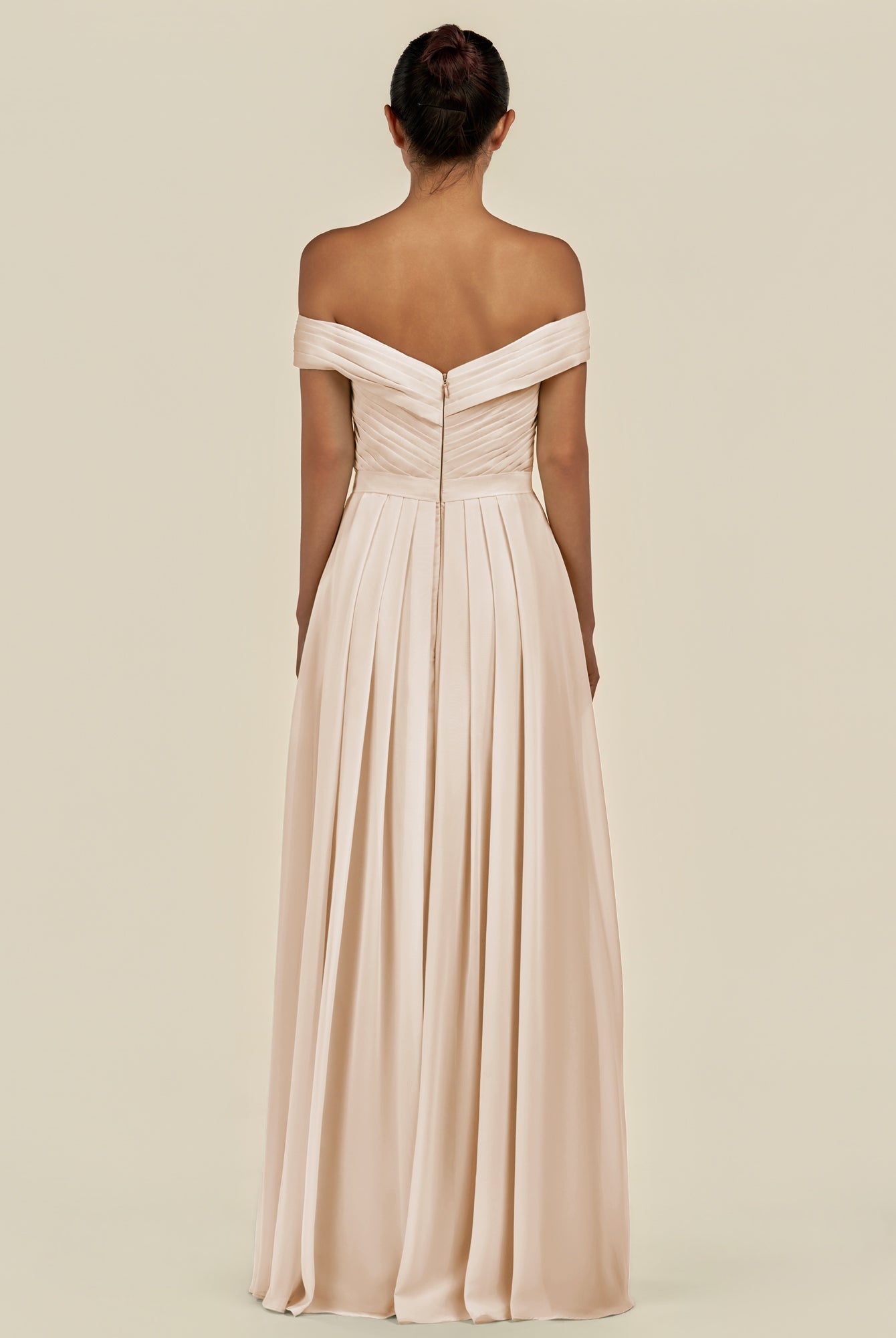 KissDress-Lurina Pale Blush A Line Chiffon Off the Shoulder Pleated Long Bridesmaid Dress with Slit