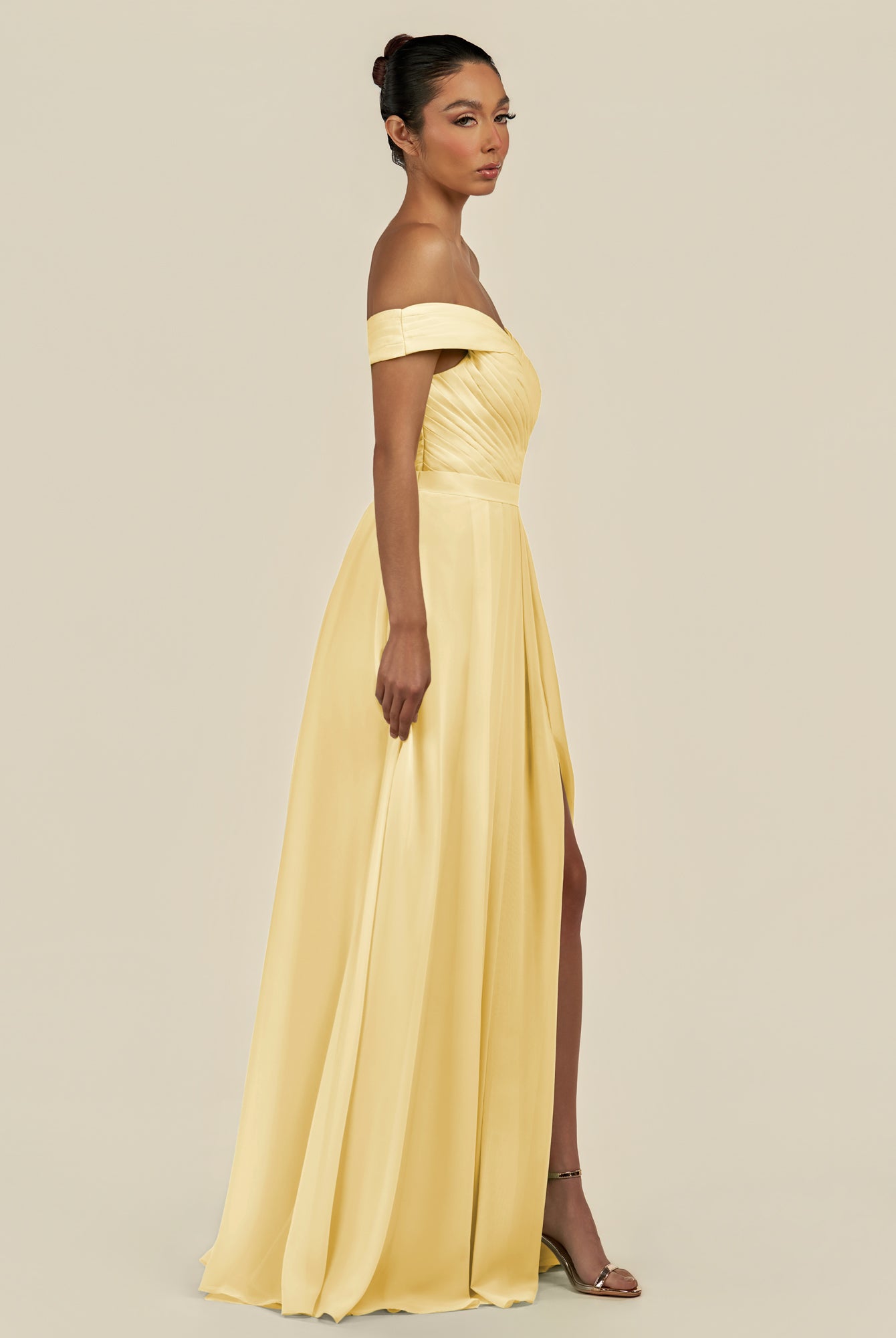 KissDress-Lurina Pastel Yellow A Line Chiffon Off the Shoulder Pleated Long Bridesmaid Dress with Slit