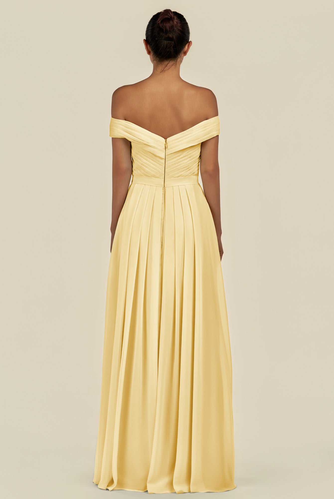 KissDress-Lurina Pastel Yellow A Line Chiffon Off the Shoulder Pleated Long Bridesmaid Dress with Slit