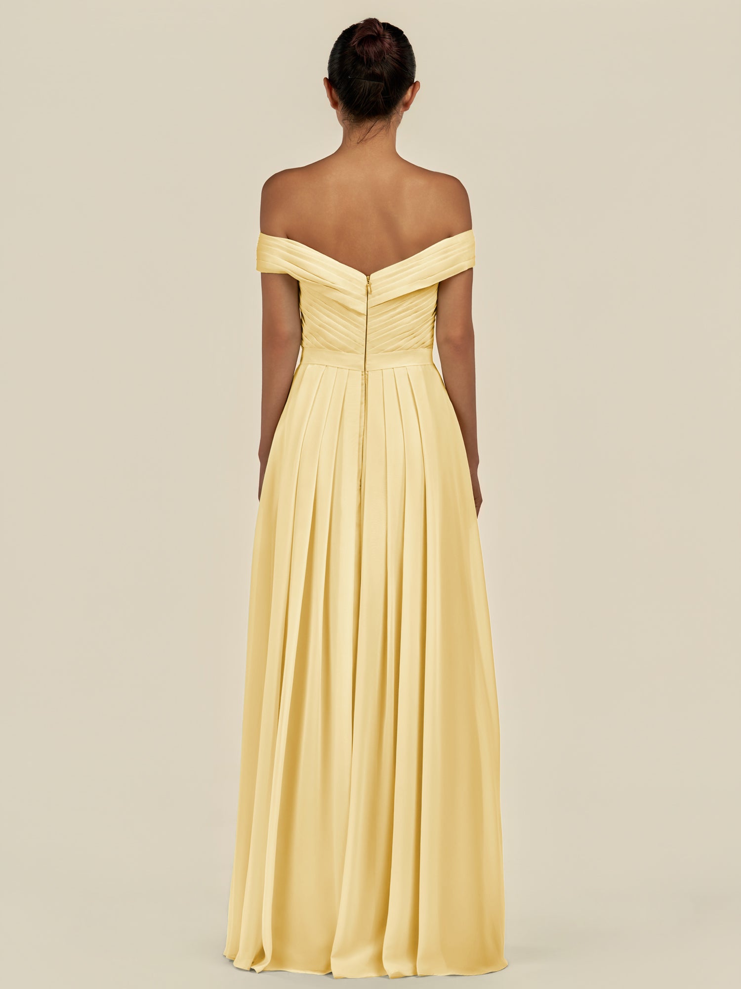 KissDress-Lurina Pastel Yellow A Line Chiffon Off the Shoulder Pleated Long Bridesmaid Dress with Slit