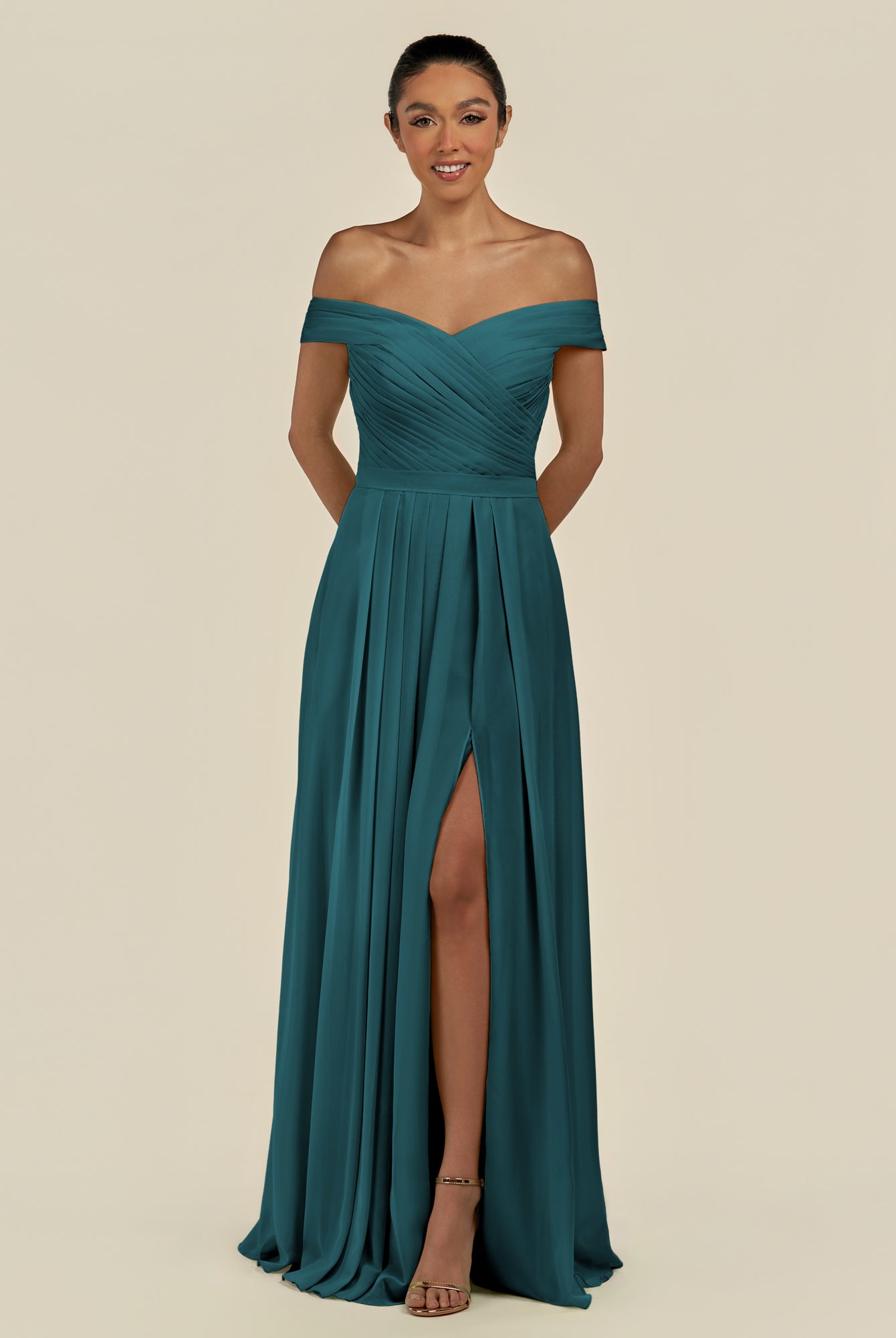 KissDress-Lurina Pine A Line Chiffon Off the Shoulder Pleated Long Bridesmaid Dress with Slit