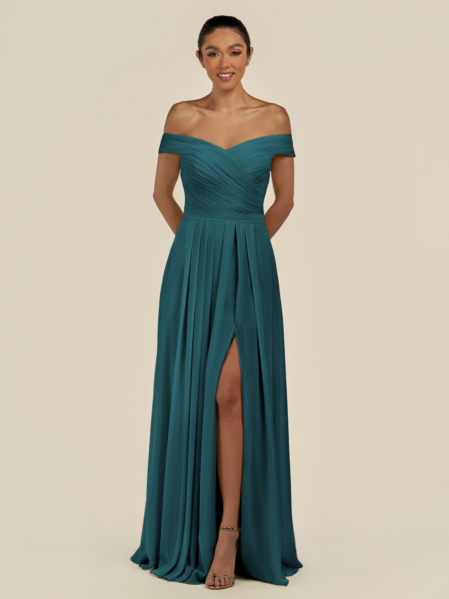 KissDress-Lurina Pine A Line Chiffon Off the Shoulder Pleated Long Bridesmaid Dress with Slit