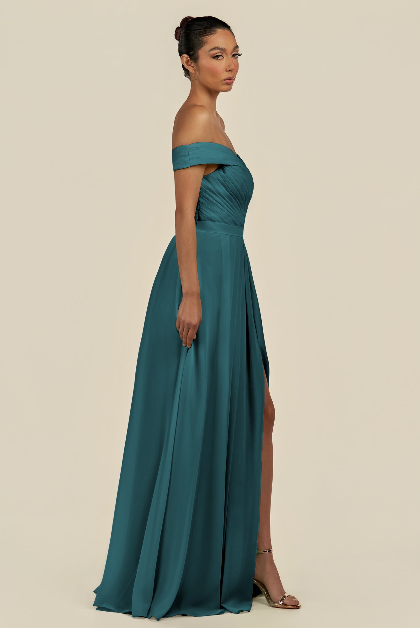 KissDress-Lurina Pine A Line Chiffon Off the Shoulder Pleated Long Bridesmaid Dress with Slit