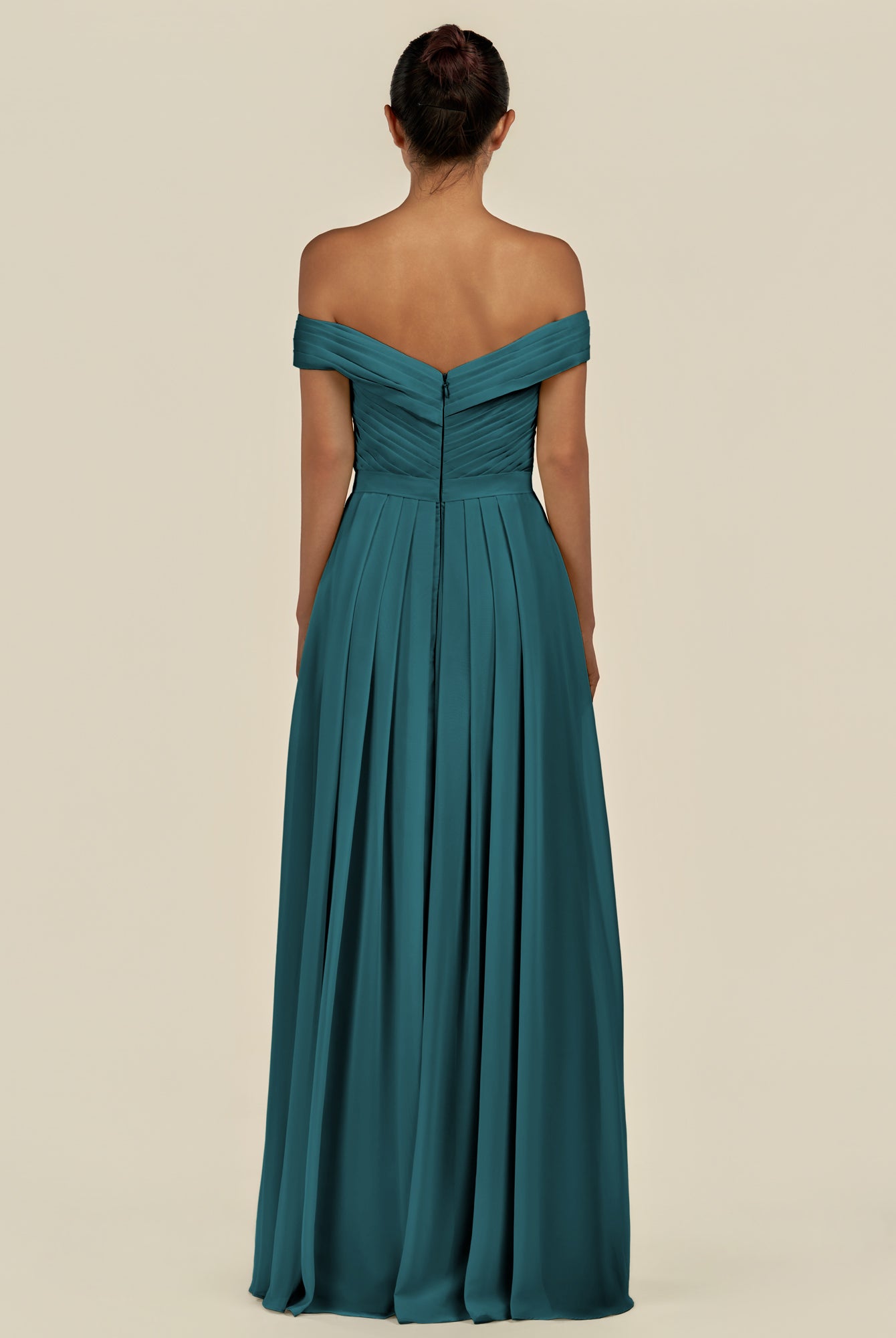KissDress-Lurina Pine A Line Chiffon Off the Shoulder Pleated Long Bridesmaid Dress with Slit