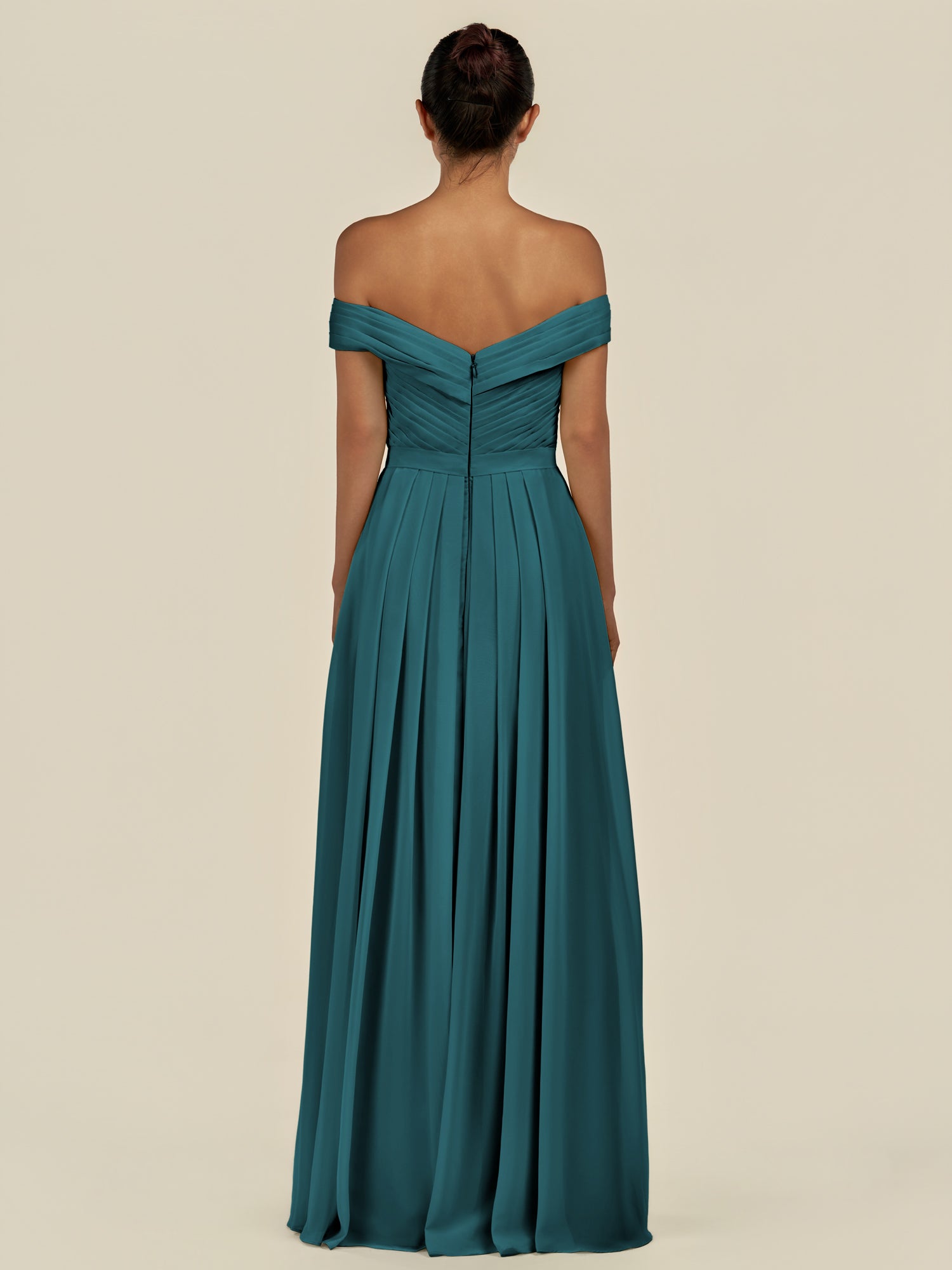 KissDress-Lurina Pine A Line Chiffon Off the Shoulder Pleated Long Bridesmaid Dress with Slit