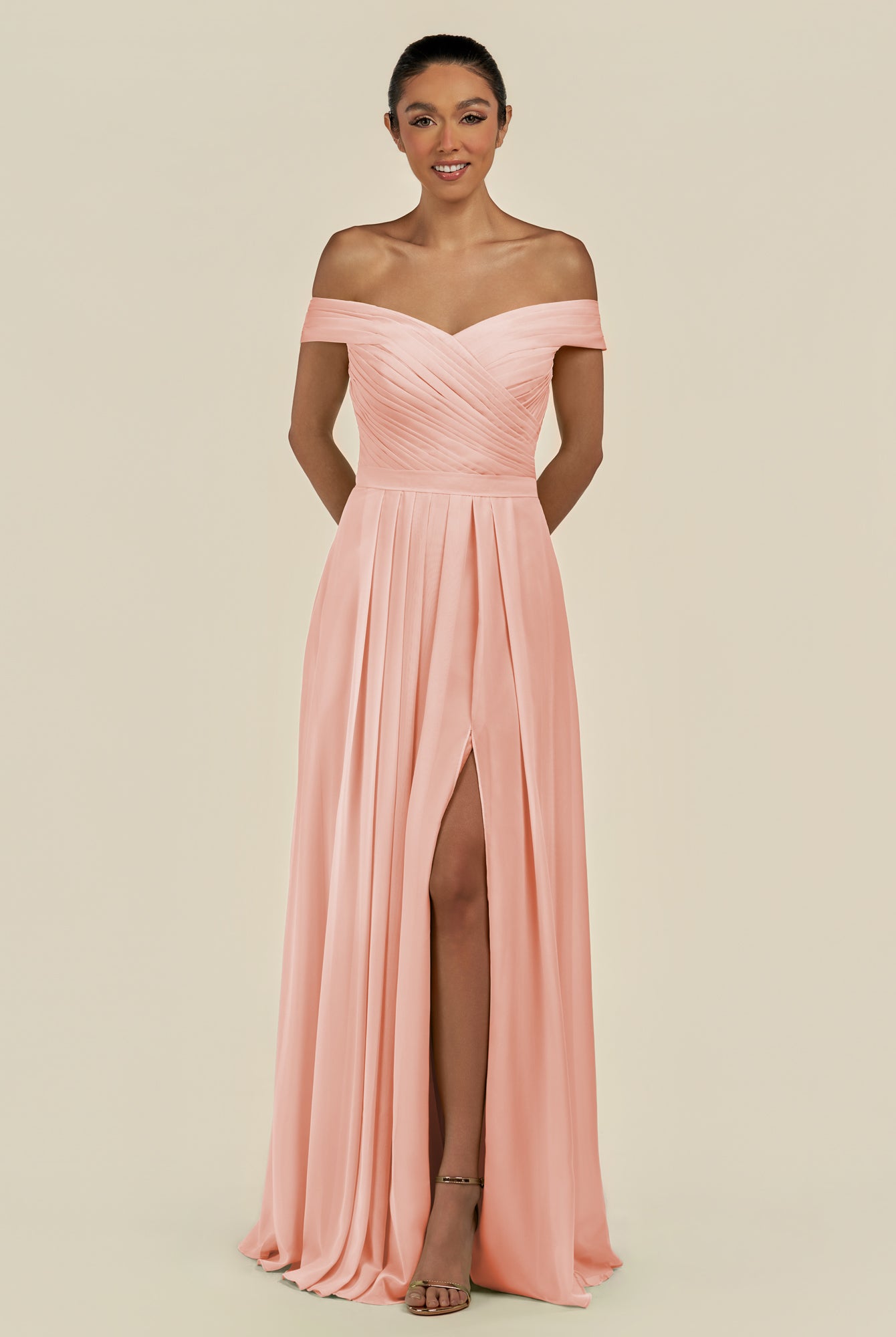 KissDress-Lurina Rose Petal A Line Chiffon Off the Shoulder Pleated Long Bridesmaid Dress with Slit