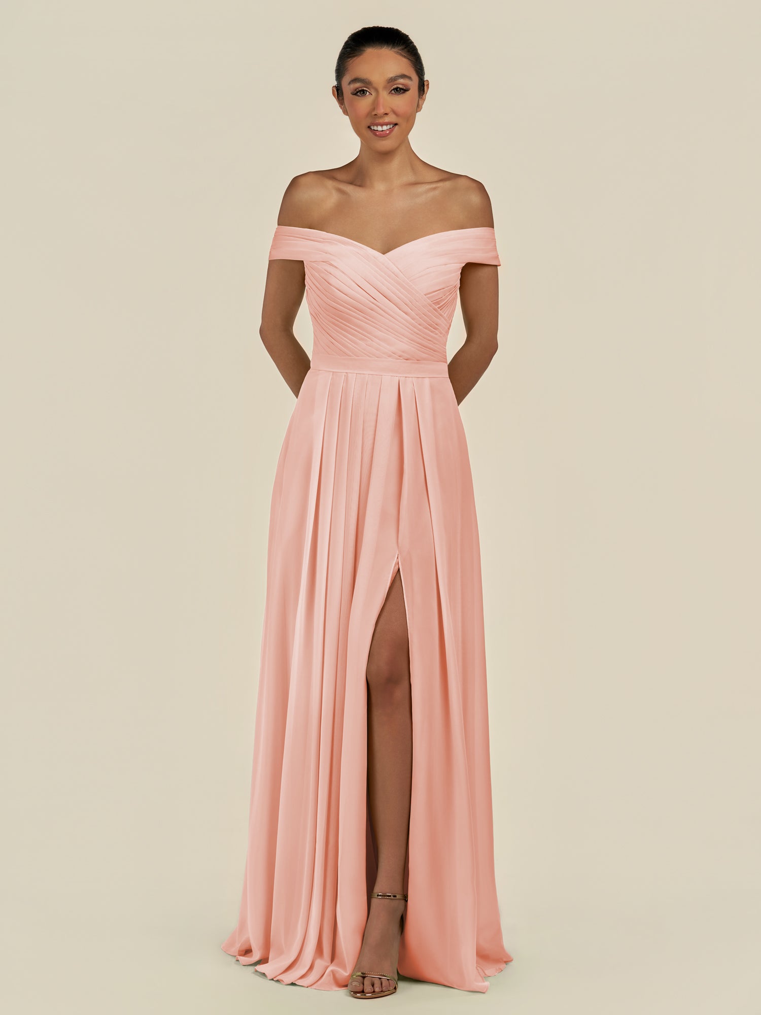 KissDress-Lurina Rose Petal A Line Chiffon Off the Shoulder Pleated Long Bridesmaid Dress with Slit