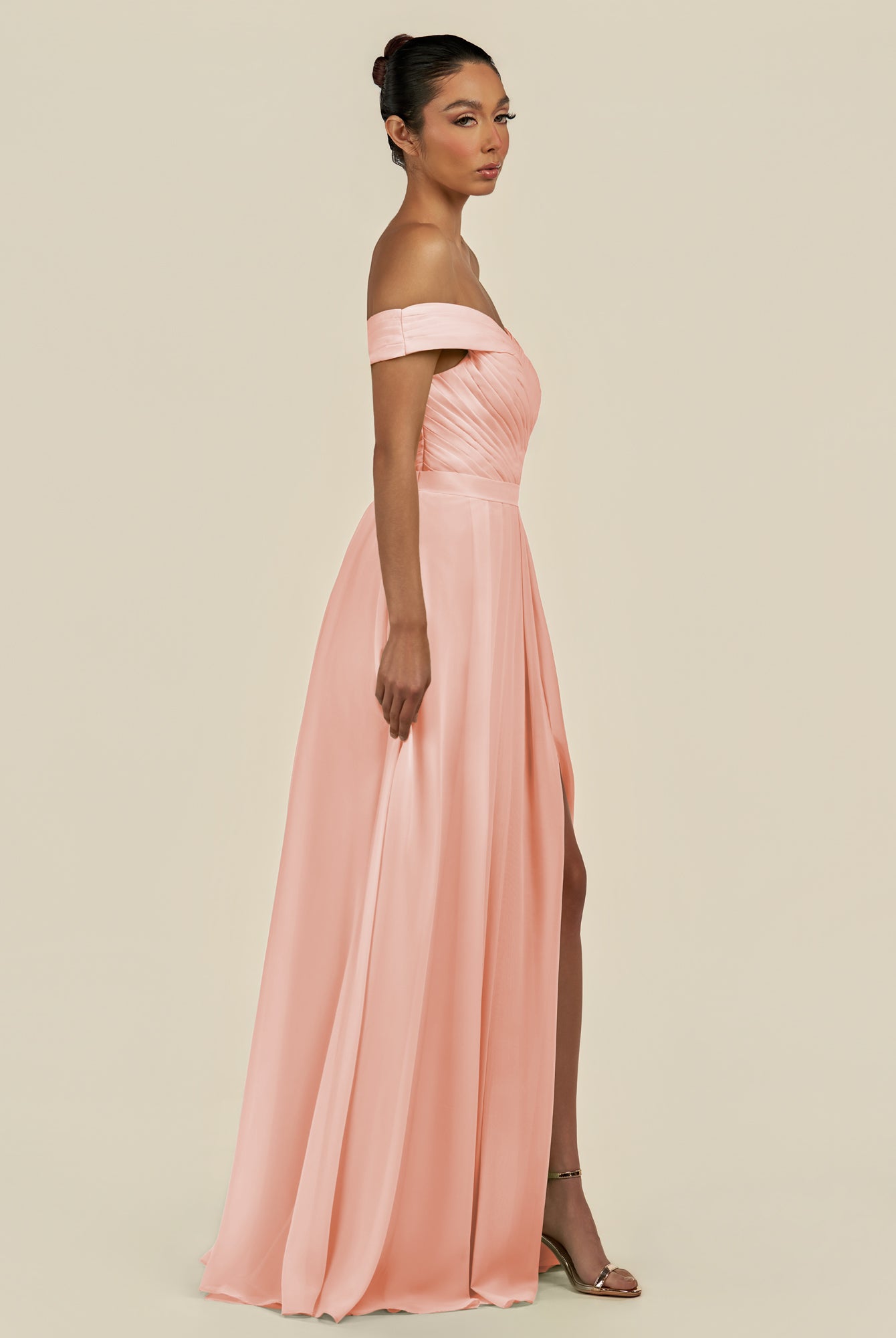 KissDress-Lurina Rose Petal A Line Chiffon Off the Shoulder Pleated Long Bridesmaid Dress with Slit