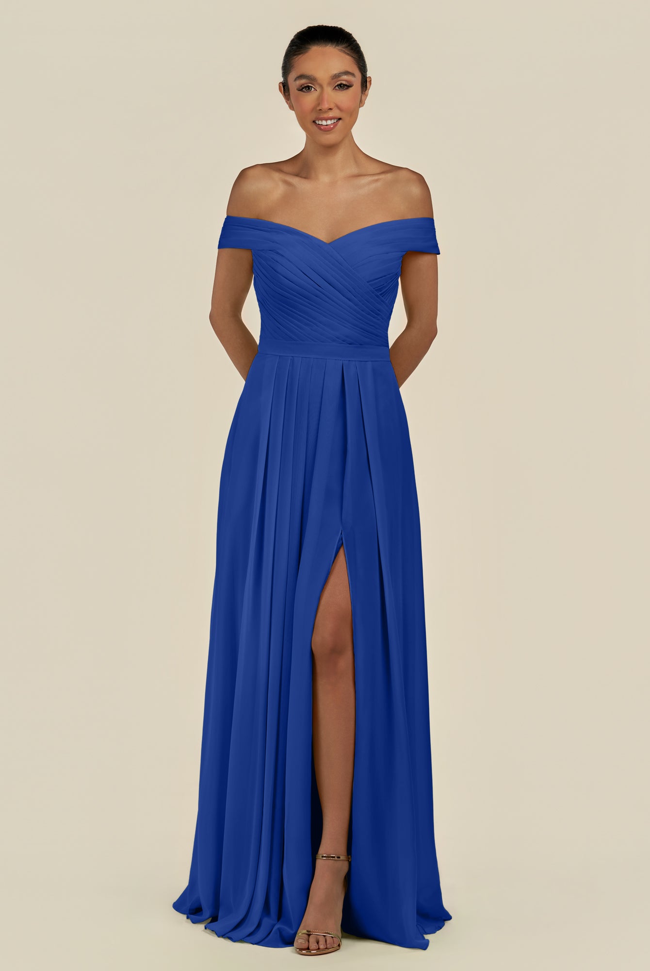 KissDress-Lurina Royal Blue A Line Chiffon Off the Shoulder Pleated Long Bridesmaid Dress with Slit