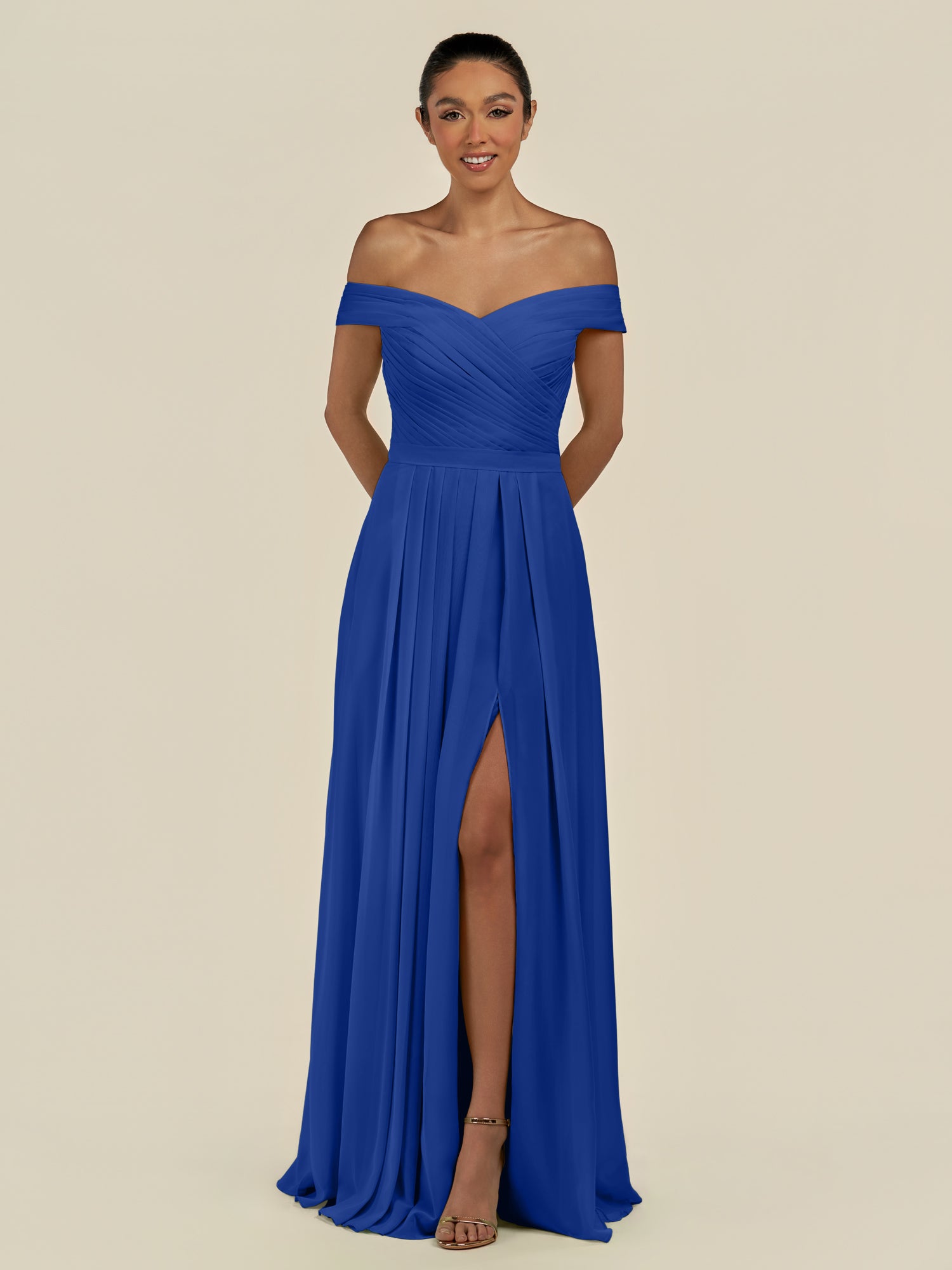 KissDress-Lurina Royal Blue A Line Chiffon Off the Shoulder Pleated Long Bridesmaid Dress with Slit