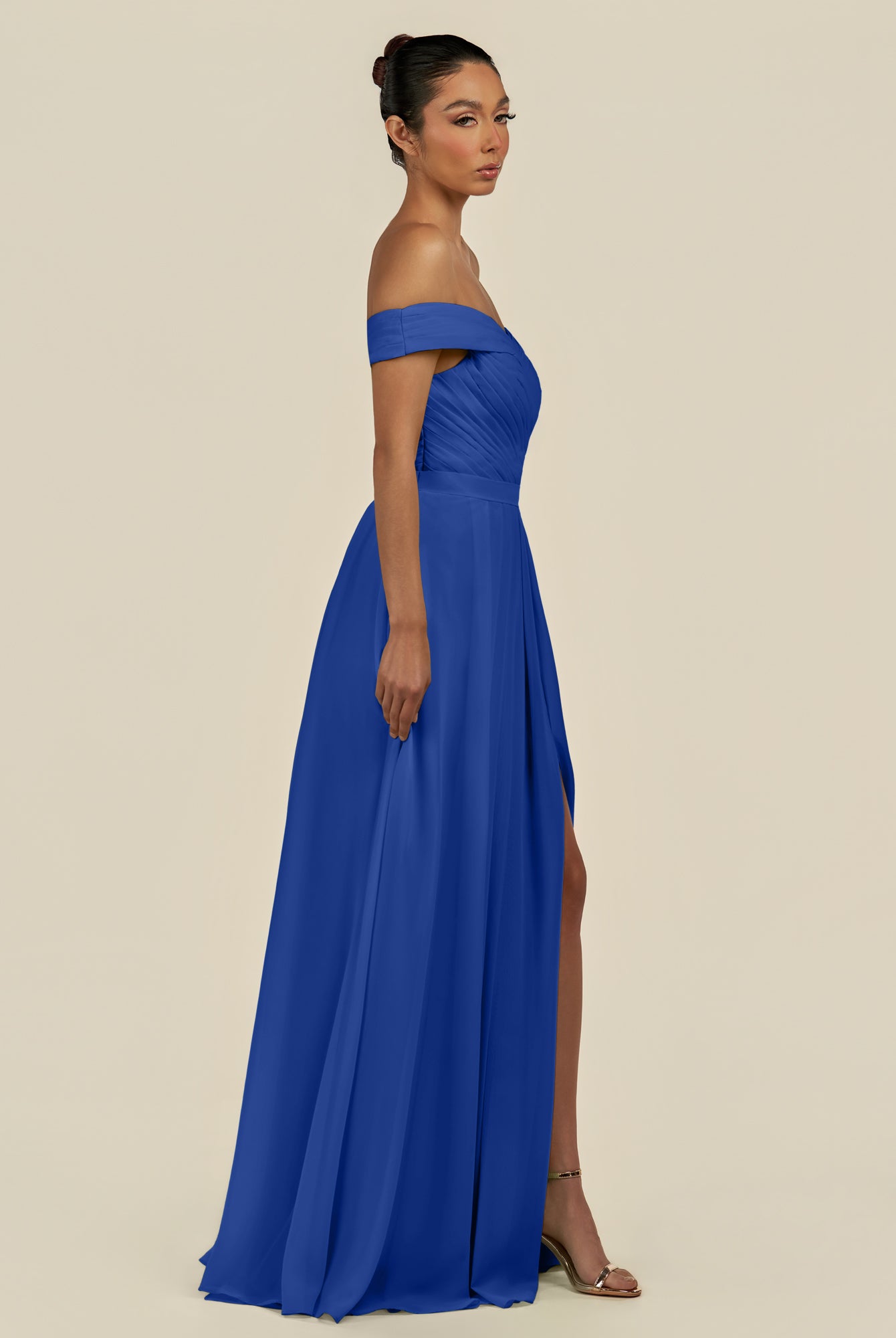 KissDress-Lurina Royal Blue A Line Chiffon Off the Shoulder Pleated Long Bridesmaid Dress with Slit